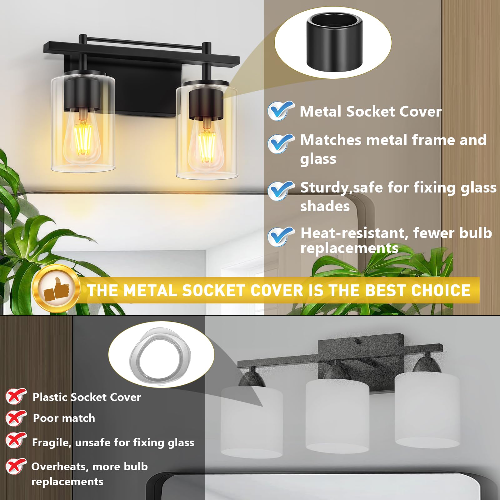 LWSOY Bathroom Vanity Light - 2-Lights, Vintage Wall Mounted, Metal, Black, Model YSD-02, 11 Inch Clear Glass Shade