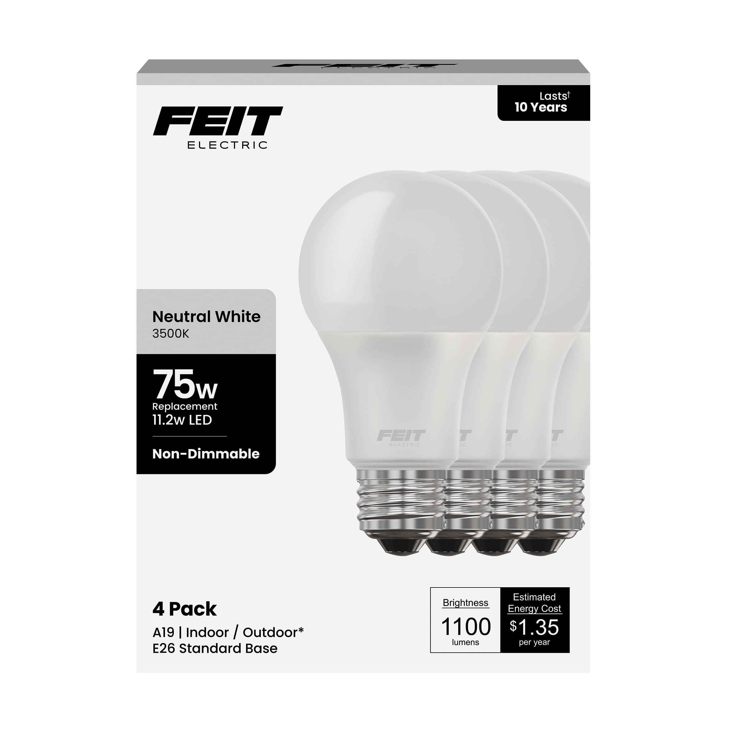 Feit Electric A19 LED Light Bulb  75W Equivalent  1100 Lumens  3500K Neutral White  Non-Dimmable  E26 Base  Indoor/Outdoor  General Purpose LED Bulbs  11 000-Hour Lifespan  A1100/835/10KLED/4  4 Pack