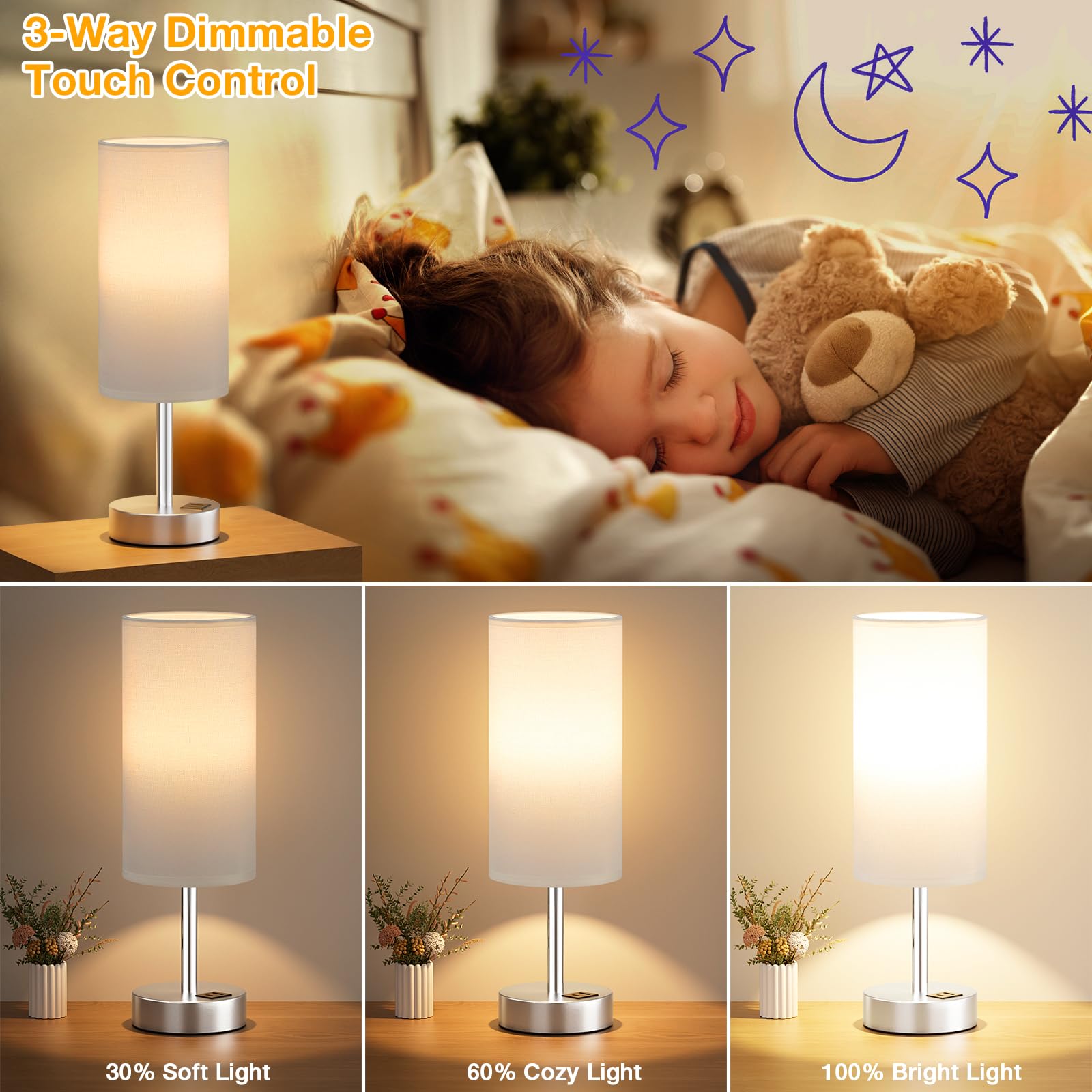 White Touch Bedside Lamp With Usb - 3 Way Dimmable Table Lamp For Bedroom, Nightstand Lamp With Nickel Charging Station And Silv