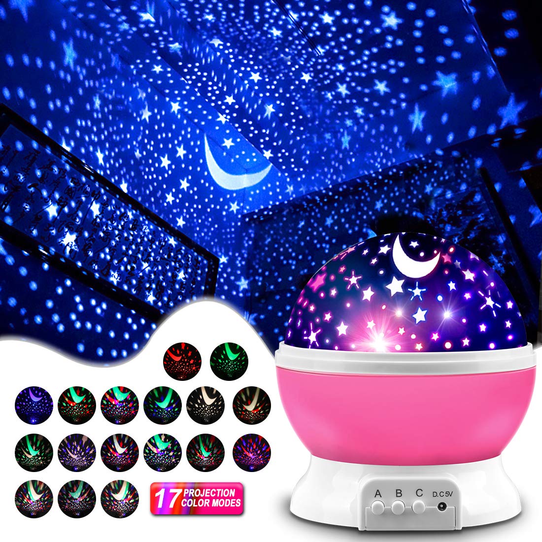 MOKOQI Star Projector Night Light Lamp for Kids, Rotating Moon & Star, Pink, Model 012-1361B, Fun Gifts for Ages 1-14