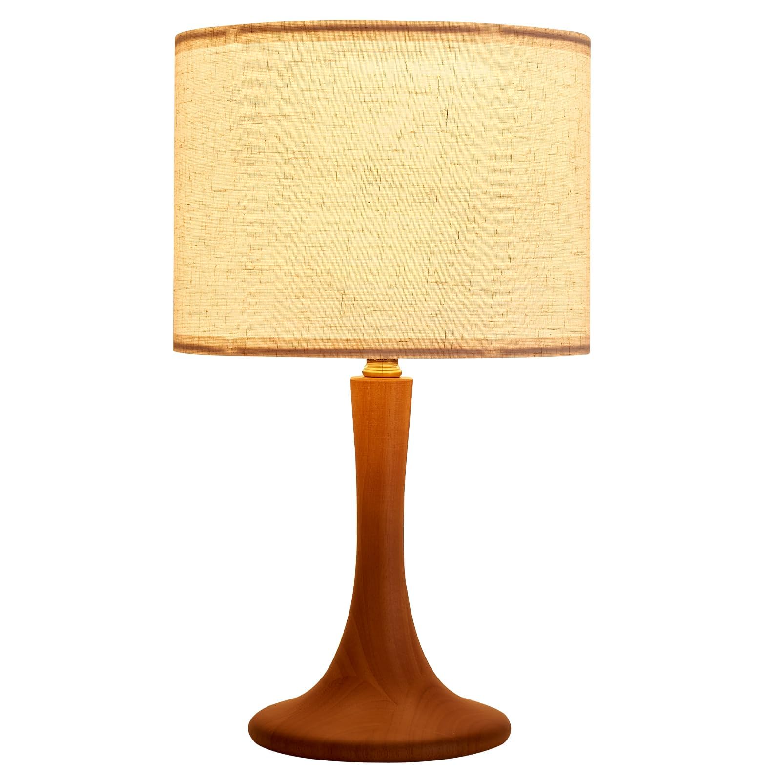 Bedside Table Lamp for Bedroom  Nordic Plug in Fabric Shade & Solid Wood Base Desk Lamp  Plug & Play Red Wood Color Nightstand Lamp for Living Room  Office  Switch Power Cord ?Bulb Not Included?