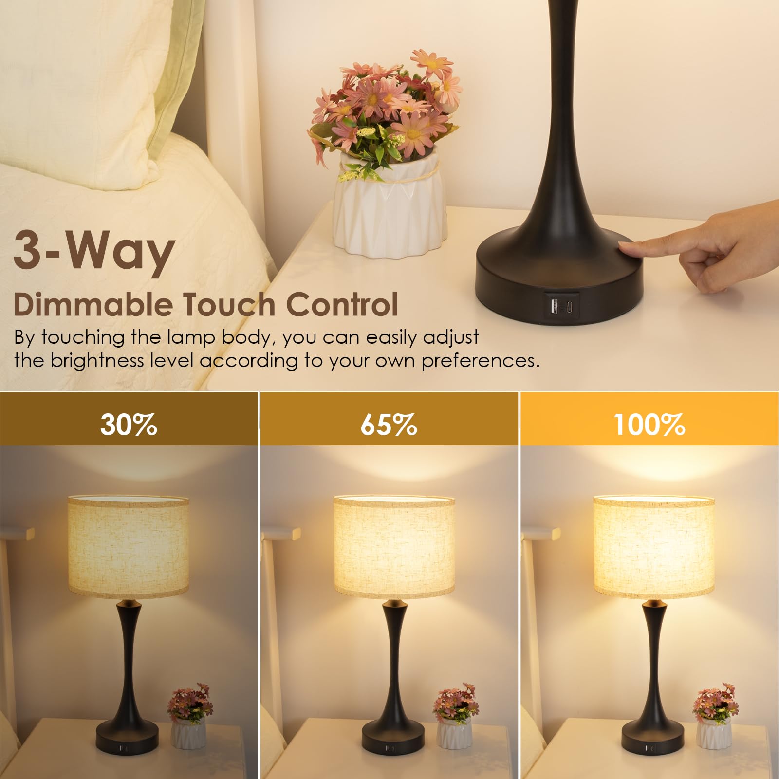 Ggoying 22    Set Of 2 Touch Control Table Lamp With Usb A+C Ports, 3-Level Dimmable Bedside Lamp With Fabric Lampshade, 3000K L