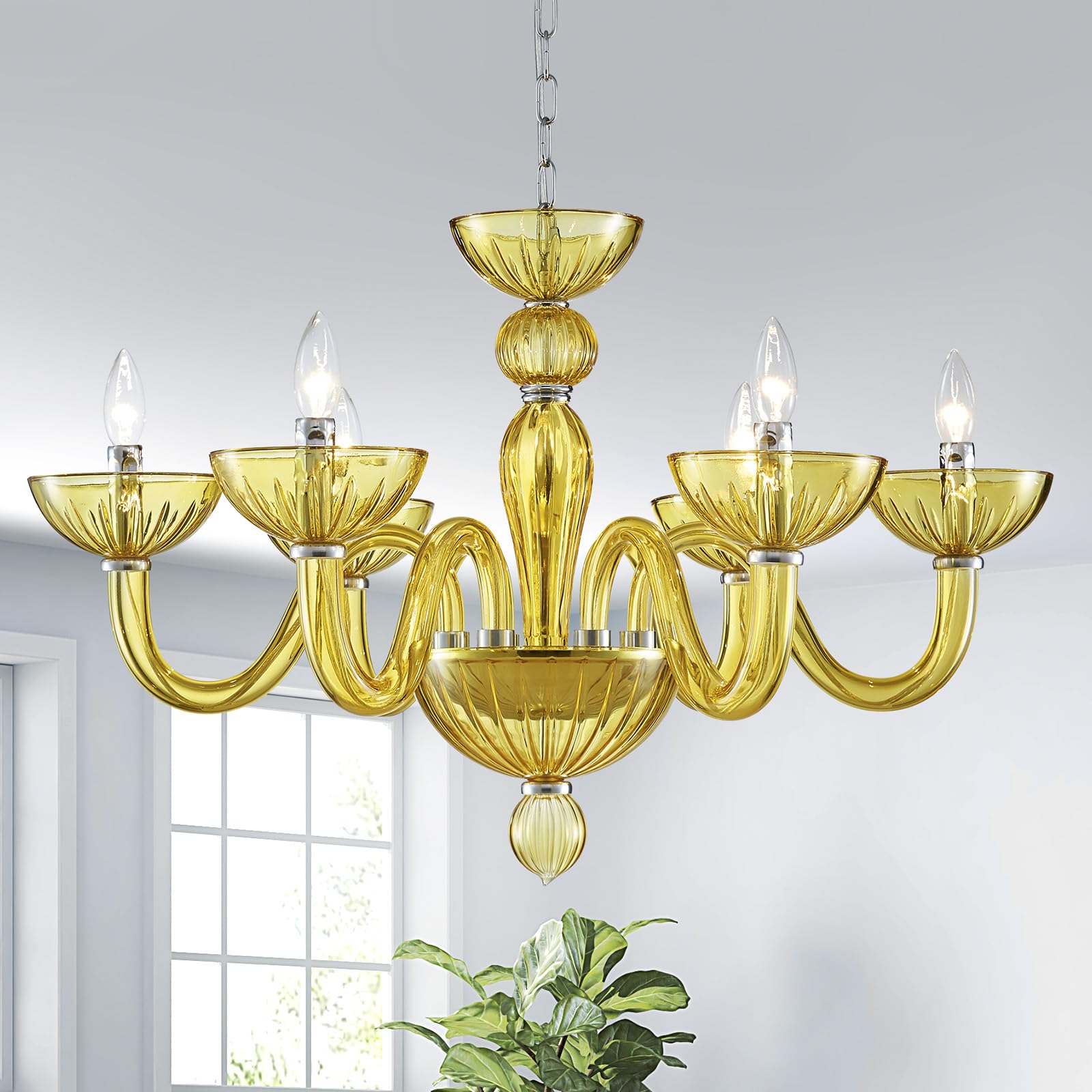 SM Saint Mossi 6-Light Crystal Chandelier, Yellowish Green, E12 Socket, D30xW30xH20, Modern Dining Room Light Fixture