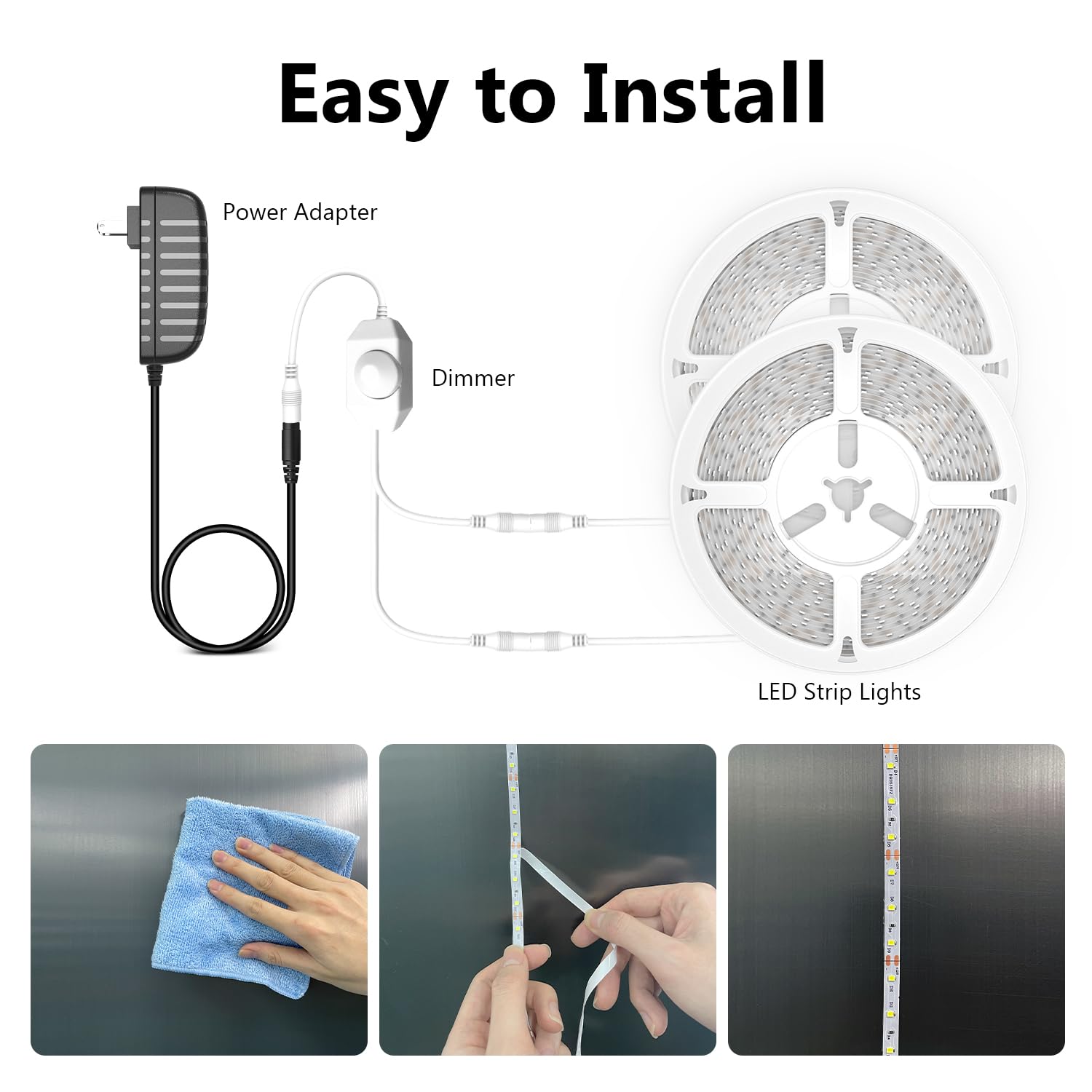 dalattin 50ft White LED Strip Lights, Dimmable 6500K, 900 LEDs, Strong Adhesive for Bedroom, Kitchen, Mirror - Model KU-WFQA-UHY5