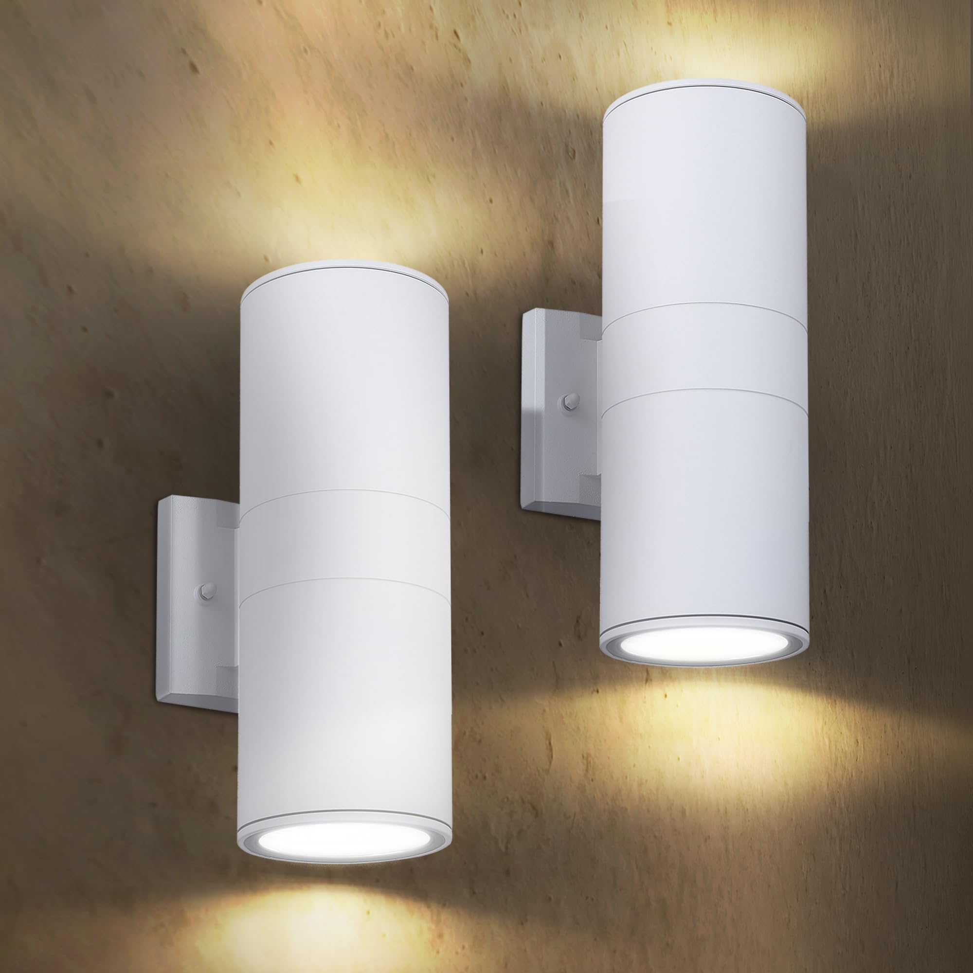 ASD 2 Light Outdoor Wall Light Fixture | 120W E26 Bulb Socket 120V ETL Cylinder Up Down Lights | LED/CFL/Incandescent Bulb Exterior Wall Sconce | Front Door  Porch  Patio Lighting | White  2 Pack