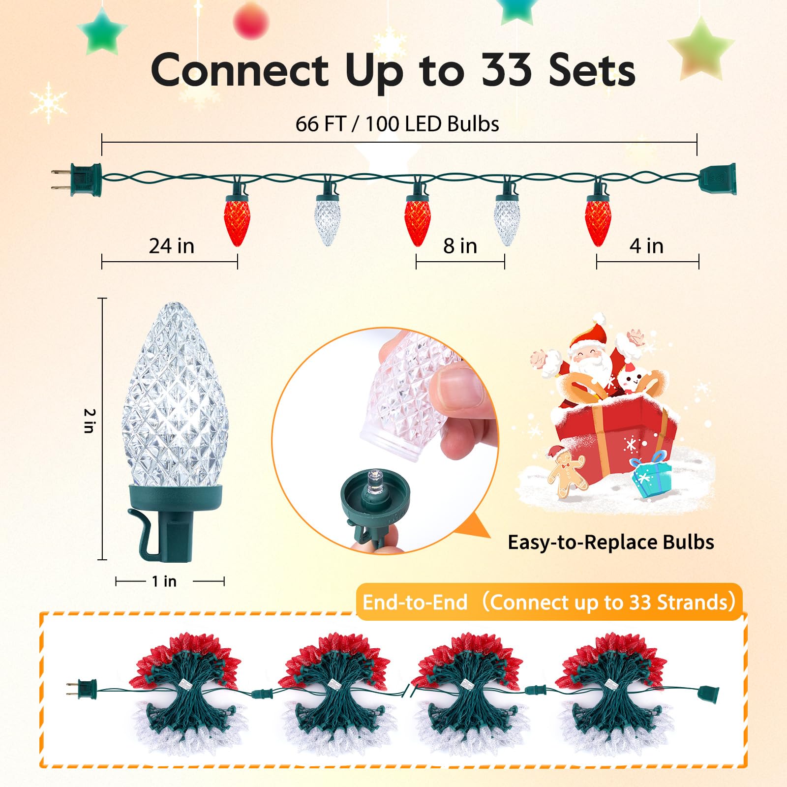 Brightown C9 LED Christmas String Lights, 66ft Waterproof Red & White, 100 LEDs, Plug-in Green Wire for Outdoor Patio Decoration