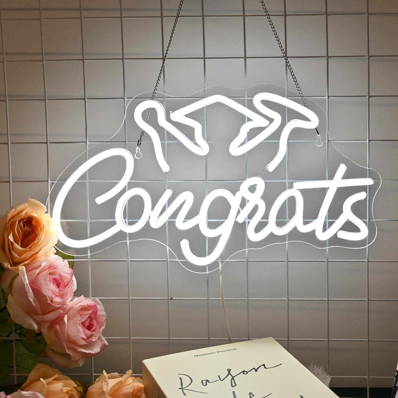 Congrats Grad Neon Sign Graduation Party Neon Signs for Wall Decor USB Powered White Led Neon Lights Class of 2024 Party Backdro