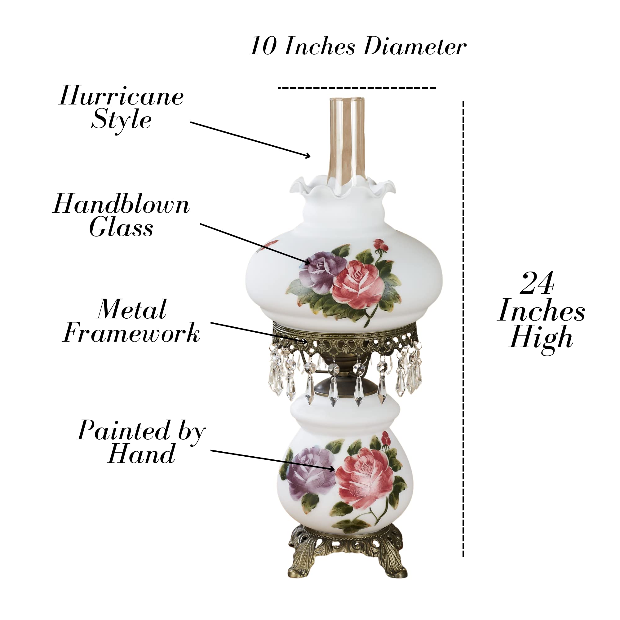 Touch Of Class Olivia Jane Hurricane Table Lamp - White - Antique Brass Metal Base, Acrylic Crystal Gems, Glass Scalloped Shade