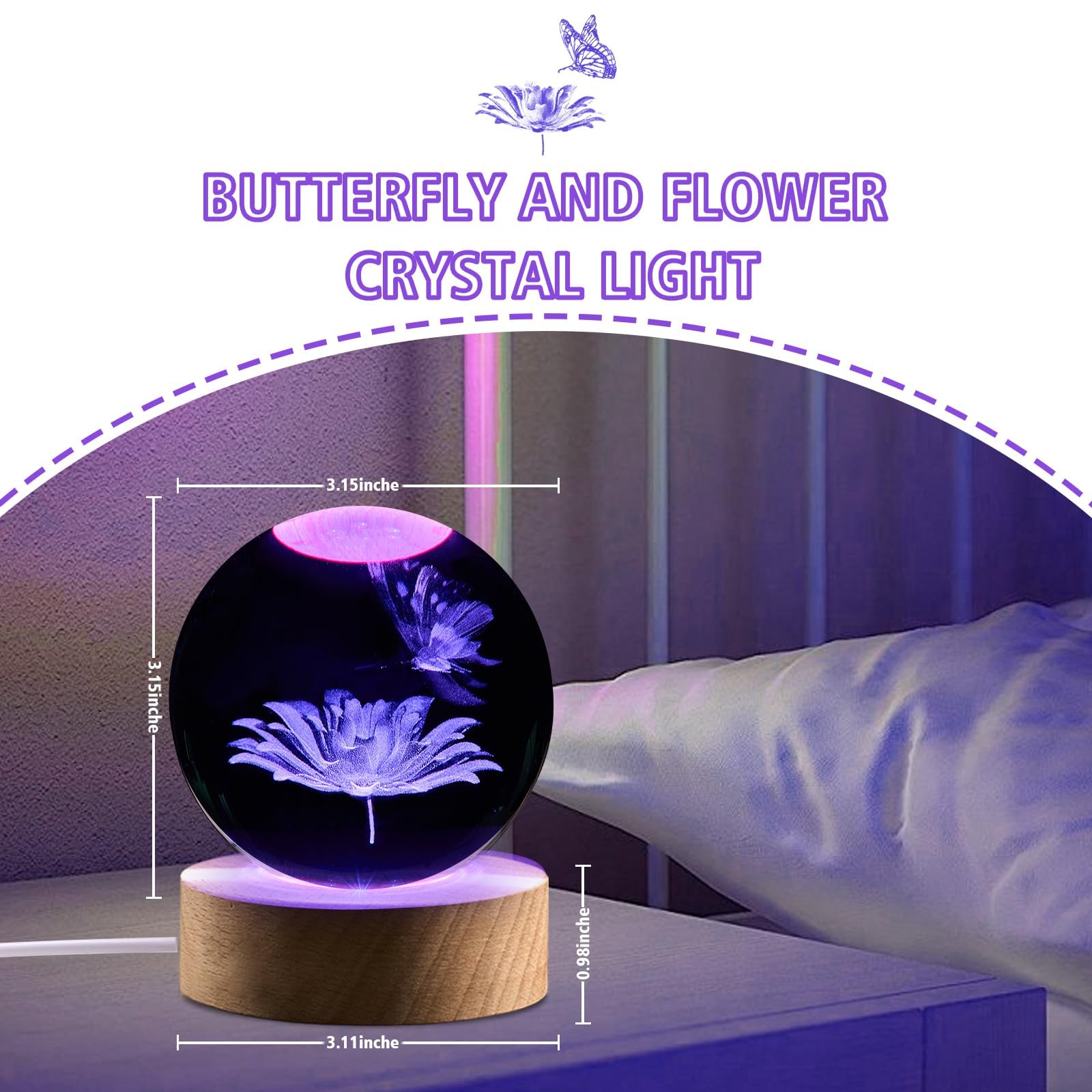 Butterfly Gifts For Women, 3.15In 3D Butterfly Flower Crystal Ball Lamp With Remote, Butterfly Night Light, Butterfly Decor, But
