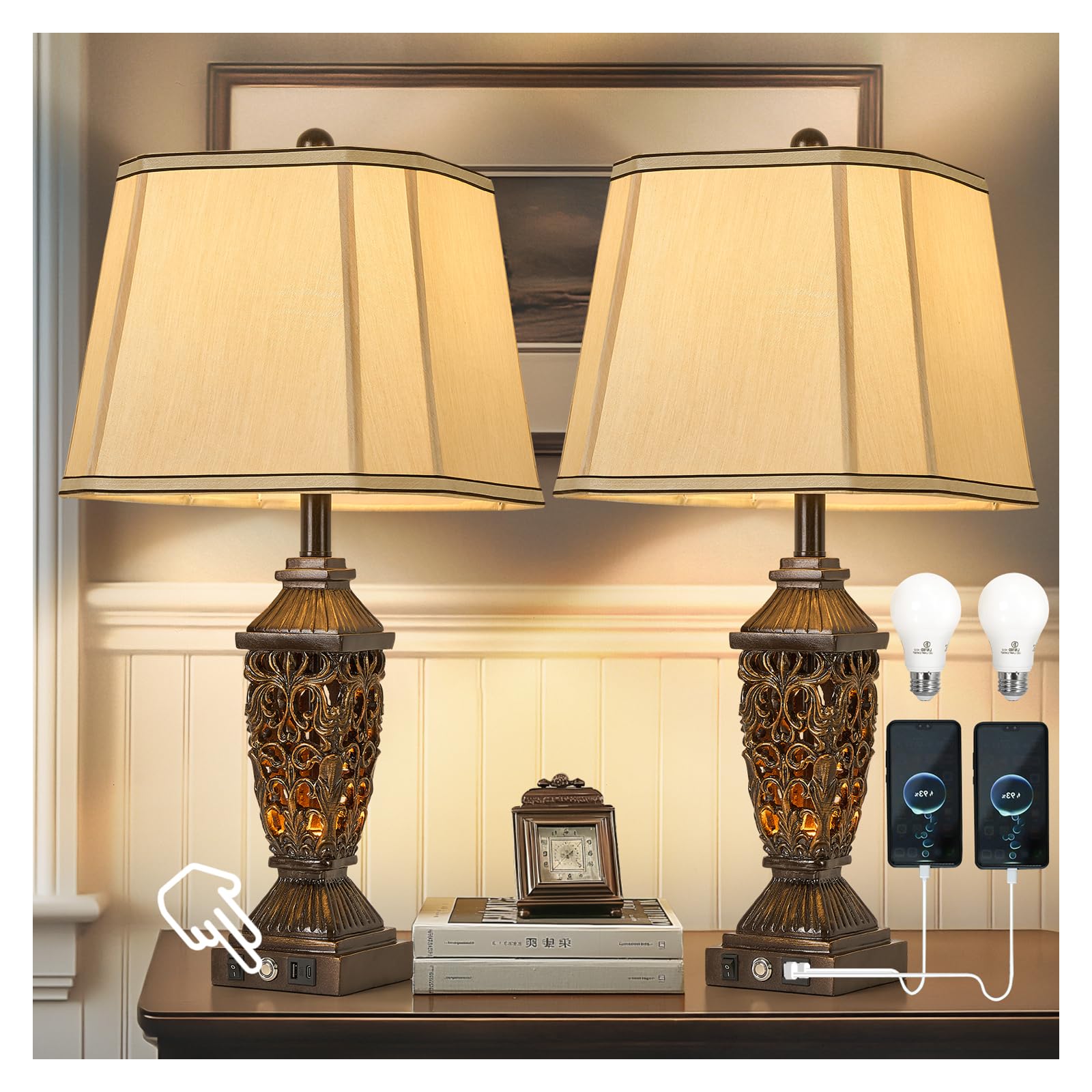 AIDENOEY 27.5in Farmhouse Table Lamp with USB & USB-C Ports, 3-Color Dimmable, Touch Control, Vintage, Brown, Model HYQT108