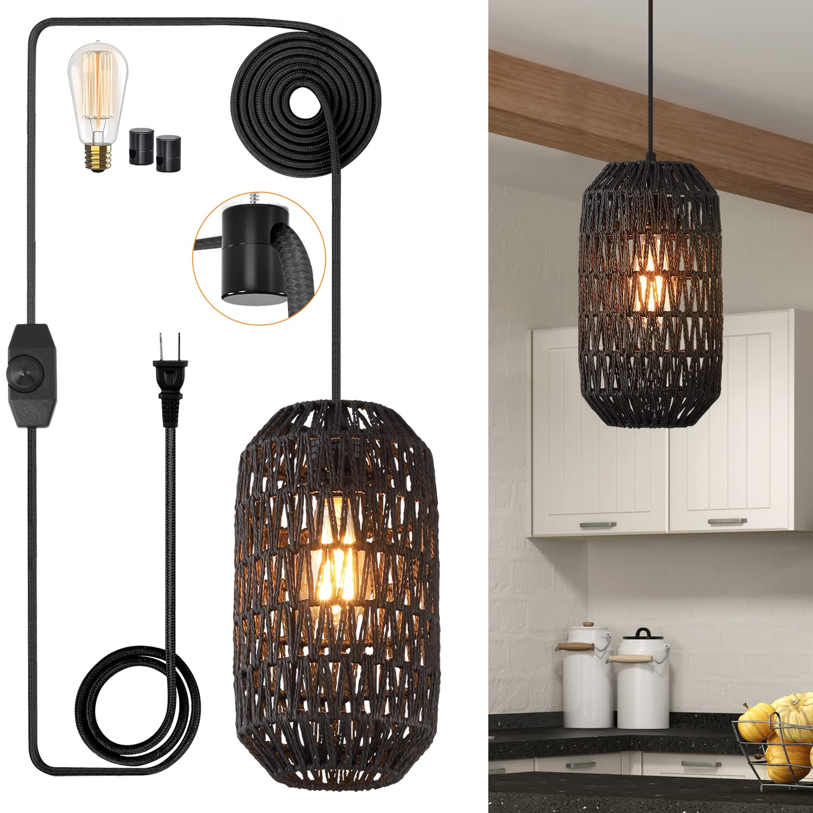 Ruzectt Plug In Pendant Light Rattan Hanging Lights With Plug In Cord 15Ft Dimmable Cotton Cord Wicker Boho Hanging Lamps For Kitchen Island Living Room Bedroom Black Light Fixtures (Black-B)