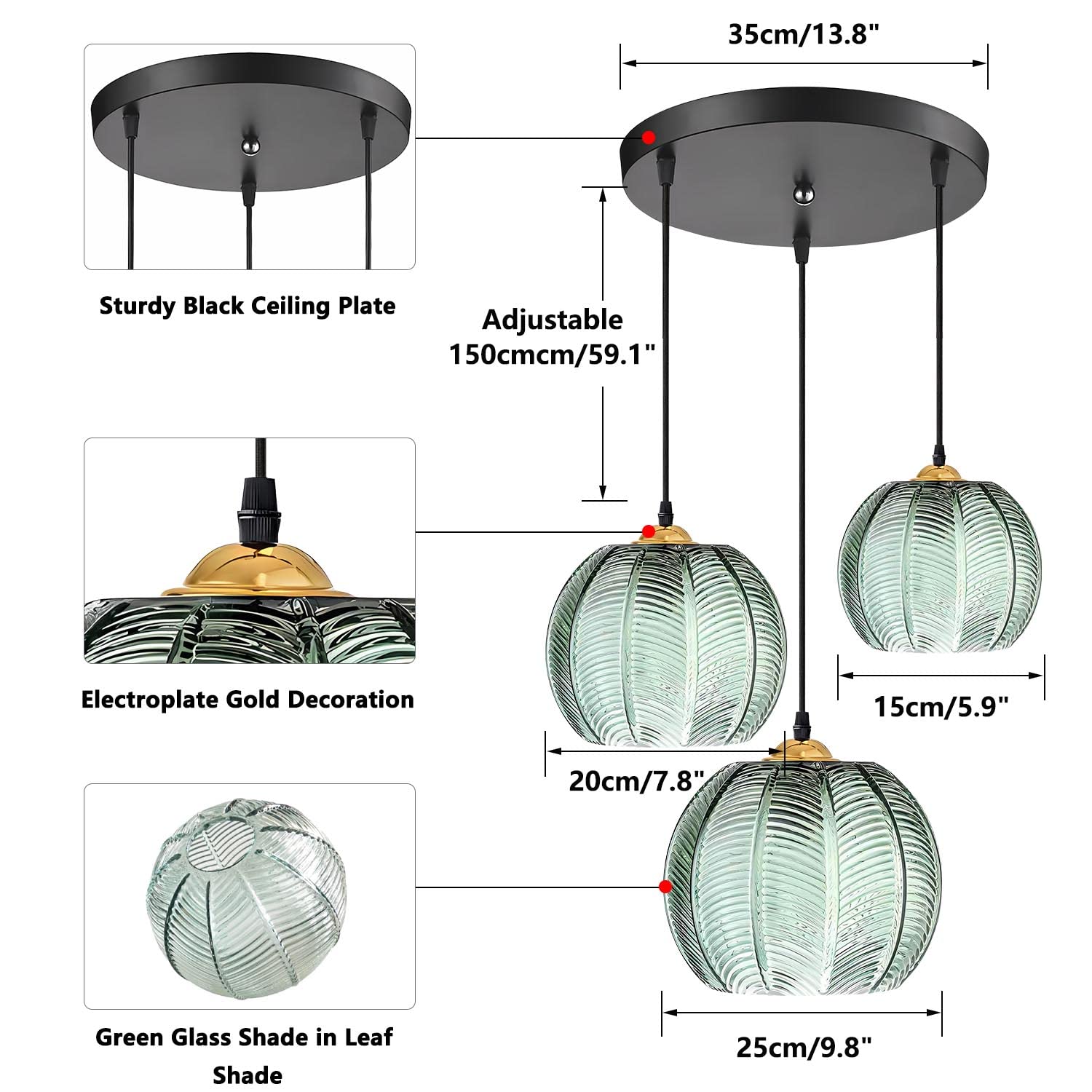 Kco 3-Light Green Striped Glass Pendant Light - Modern Mid-Century Chandelier For Kitchen Island