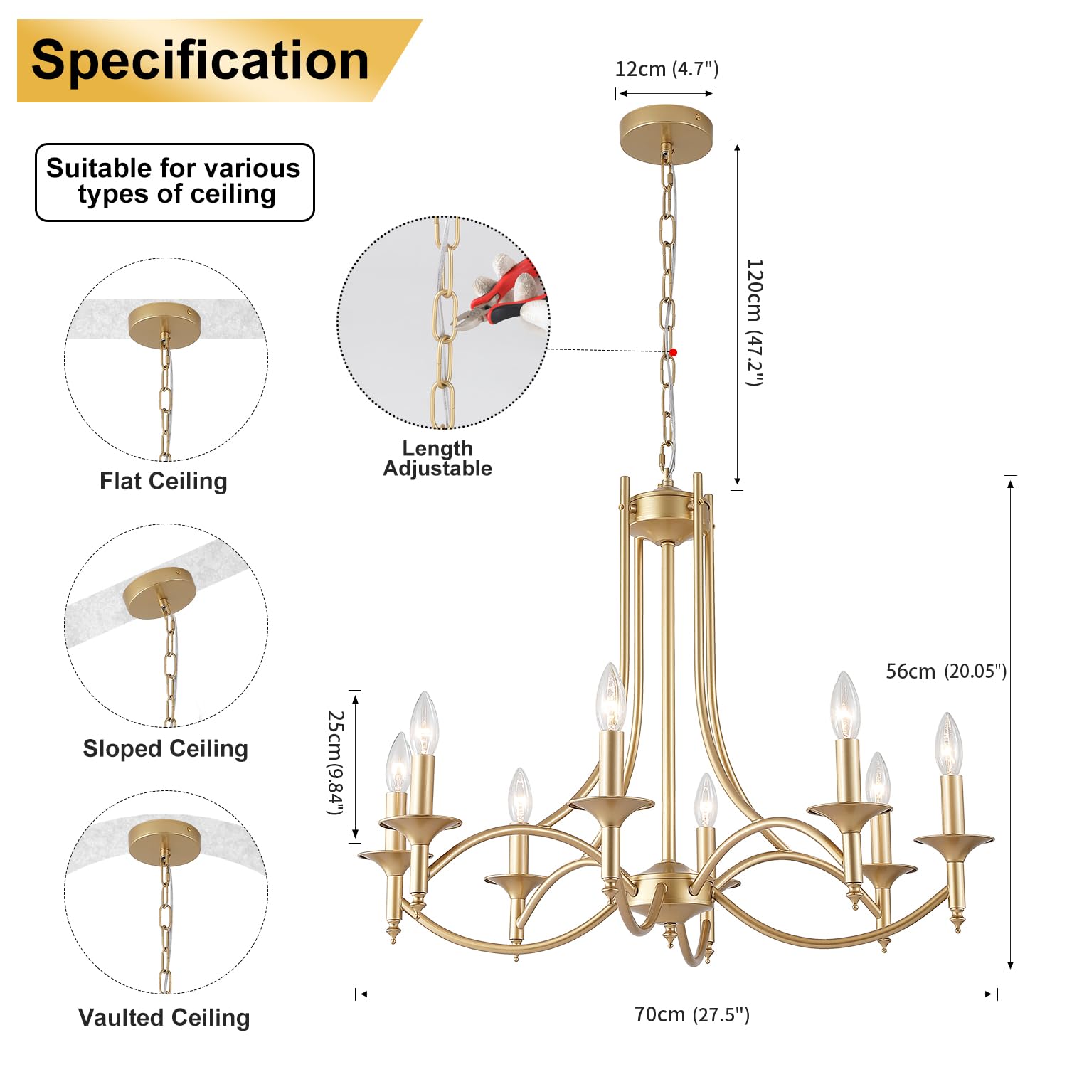 Pretoy Gold 8-Light Iron Candle Chandelier for Dining Room, Living Room, Kitchen - Model 3300-8-G