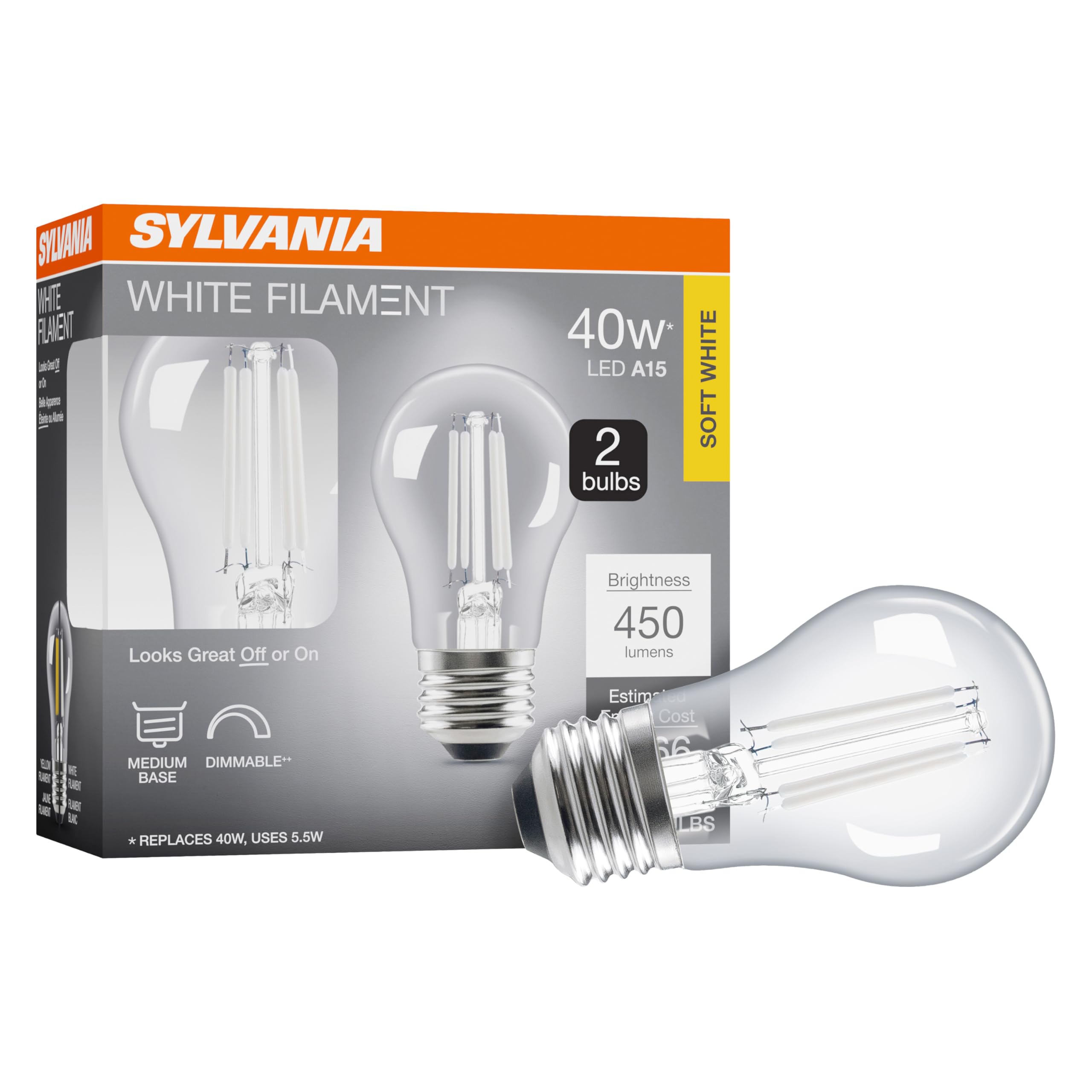 Sylvania A15 Clear Globe Led White Filament Bulb, 5.5W, Dimmable, 450 Lms, Medium Base, 2700K, Soft White - 2 Pack (42250)