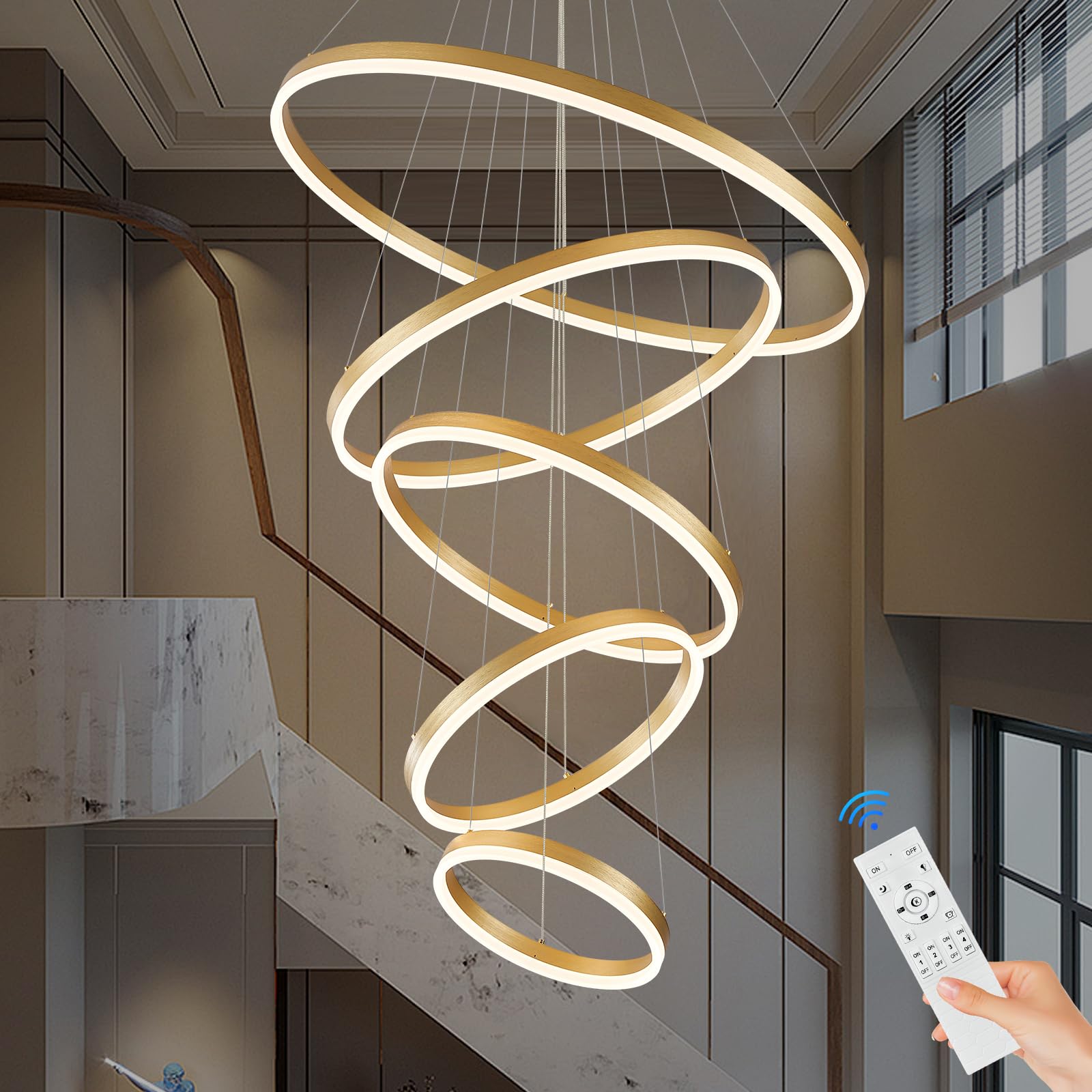 Sparklelf LED Chandelier, 5 Rings 31.5in, Gold, Dimmable, Remote Control, 3000K-6500K, Modern Design for Entryway, Living