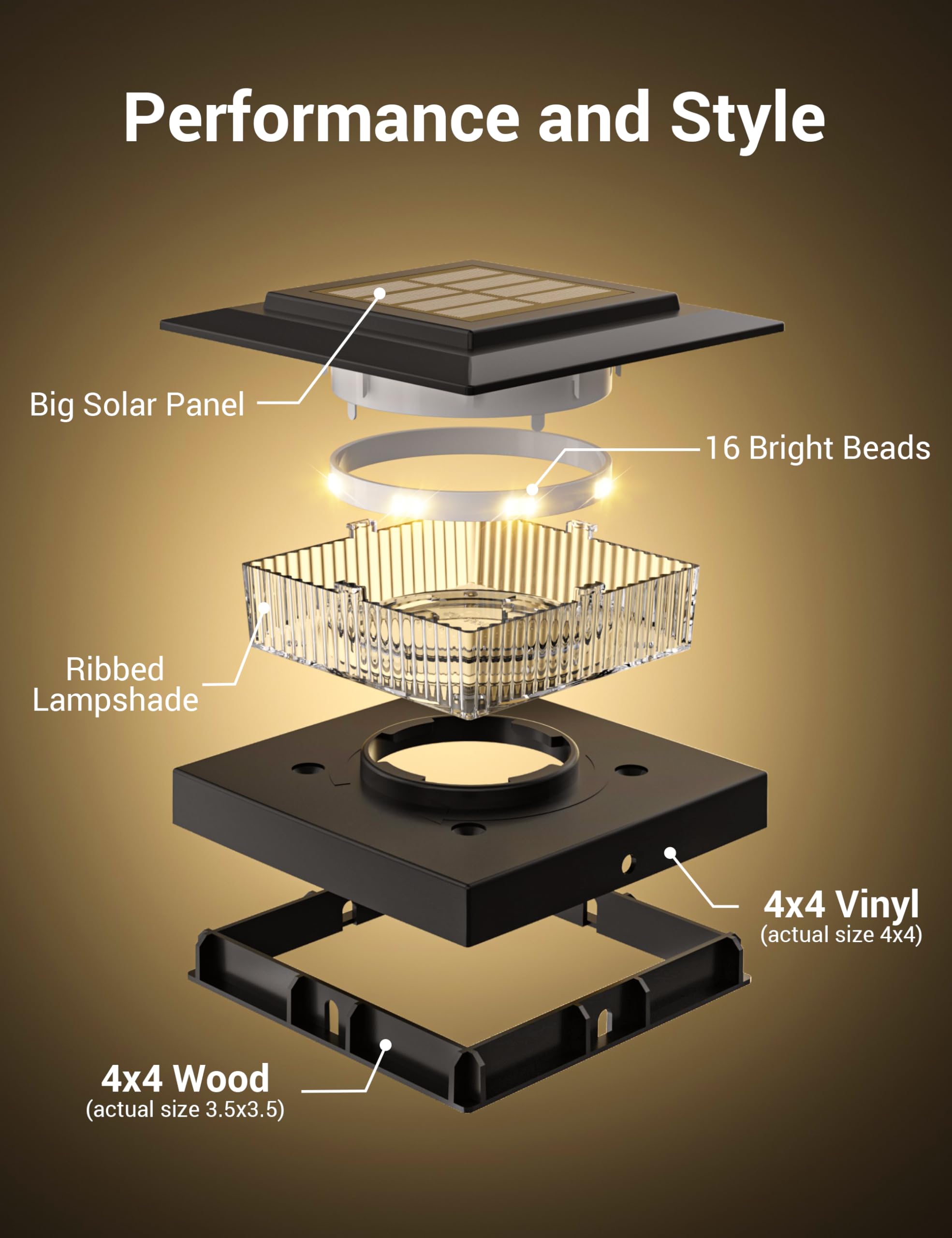 APONUO 4x4 Post Solar Lights - 16 Pack, Black, Warm/Cool LED, IP64 Waterproof, Easy Install, Model M013
