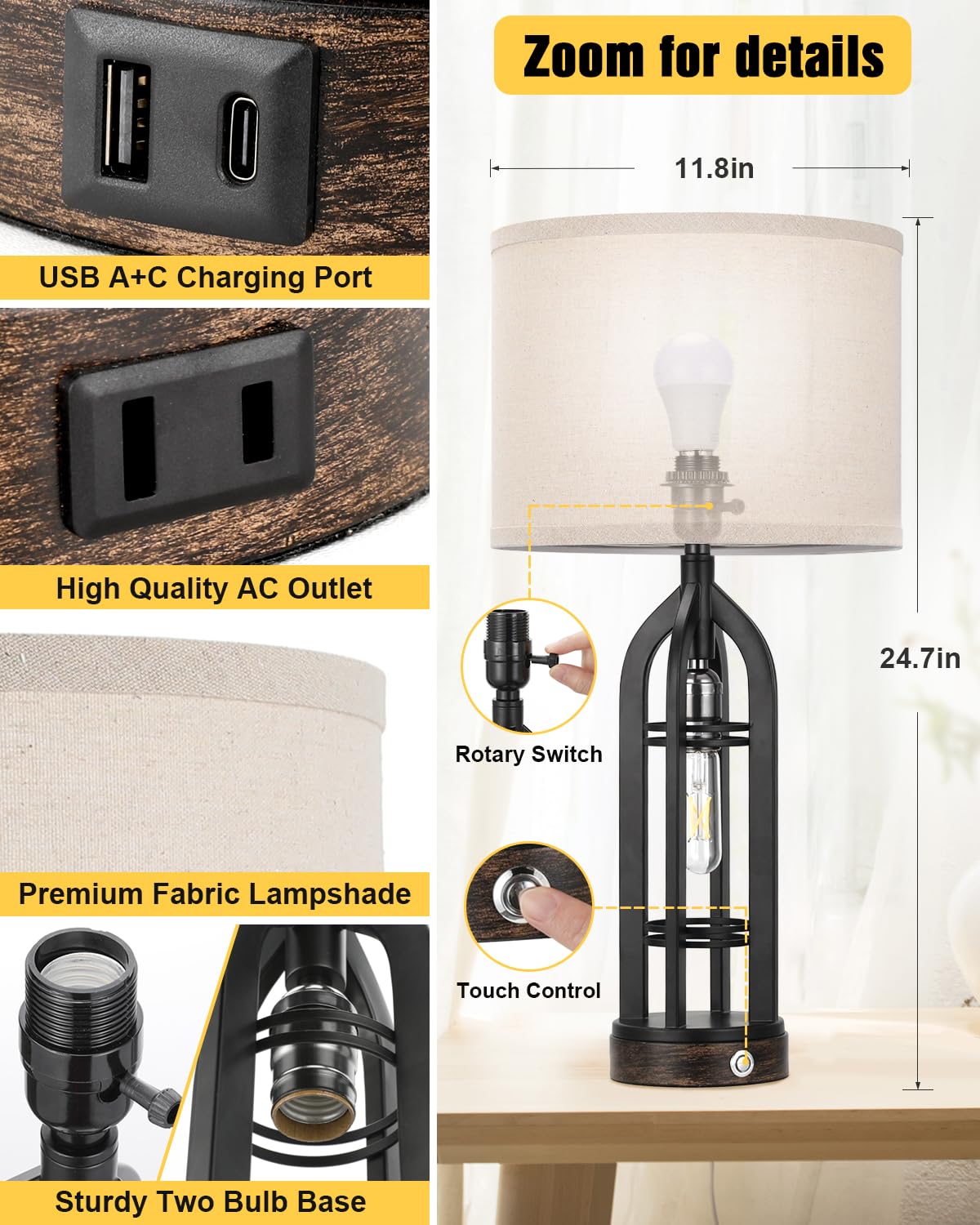 Seealle Table Lamps Set of 2 - 3-Way Dimmable Touch, USB C+A & Outlet, Oat Shade & Black Body, Model 09161