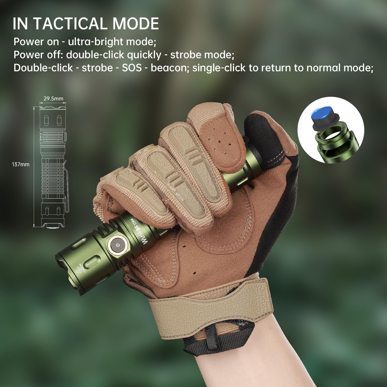 Wurkkos TD04 Tactical Flashlight - 3000 Lumens, Rechargeable, Type C, Green, for Camping & Emergency Use