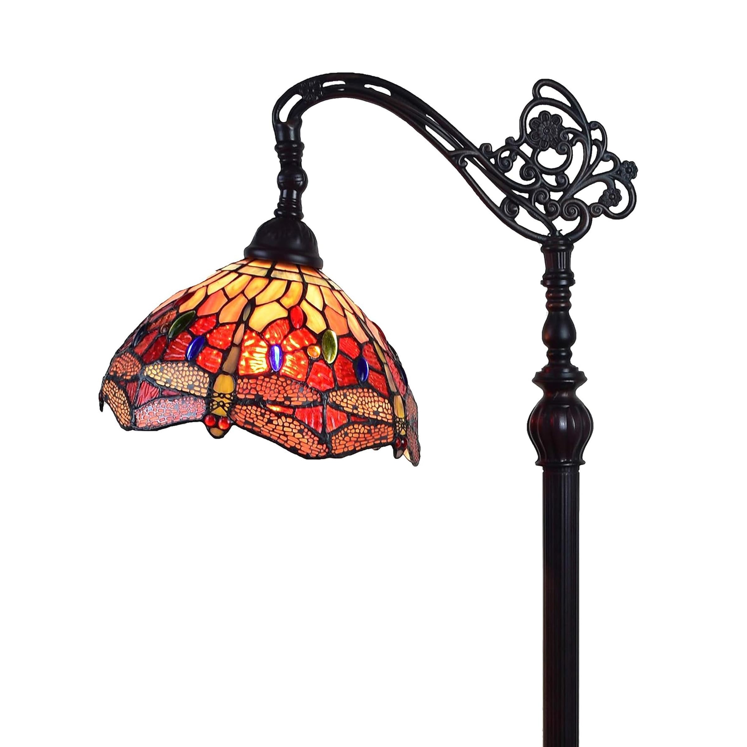 Amora Tiffany Style Floor Lamp, Arched, 62in Tall, Stained Glass, Red Yellow Green, Model AM079FL10B, 10 Inch Diameter