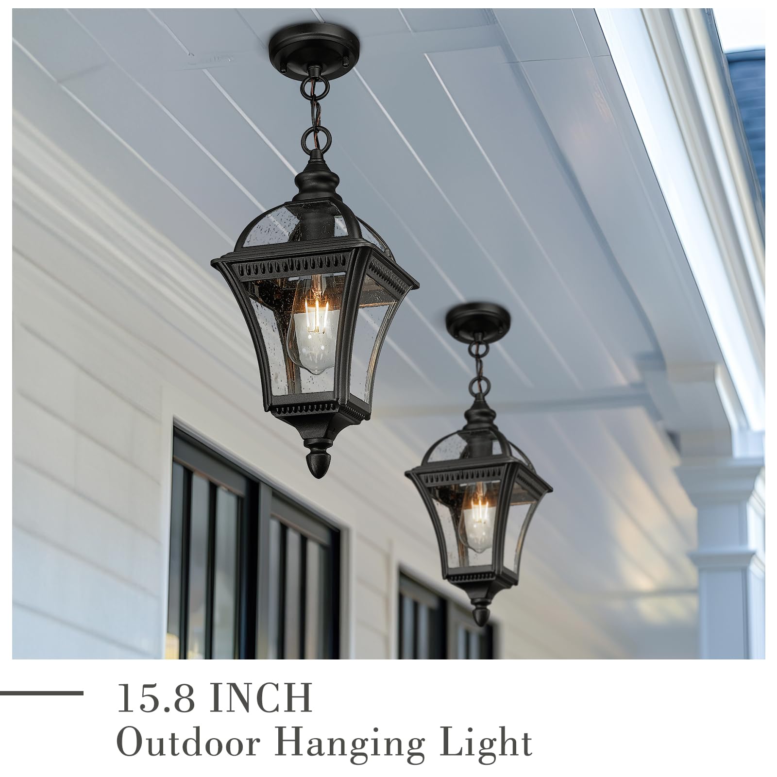 Emliviar 20.7'' Outdoor Pendant Light, Matte Black Hanging Porch Chandelier With Water Ripple Glass, Modern Ceiling Pendant Ligh