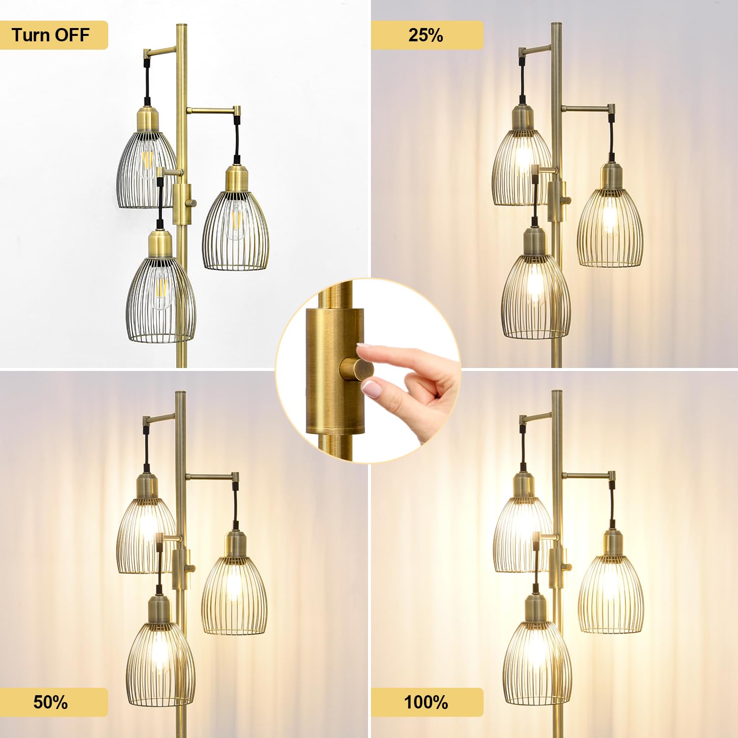Dimmable Floor Lamp, 3 X 800Lm Led Edison Bulbs Included, Farmhouse Industrial Floor Lamp Standing Tree Lamp With Elegant Teardrop Cage Tall Lamps For Living Room Bedroom Office Dining Room-Brass