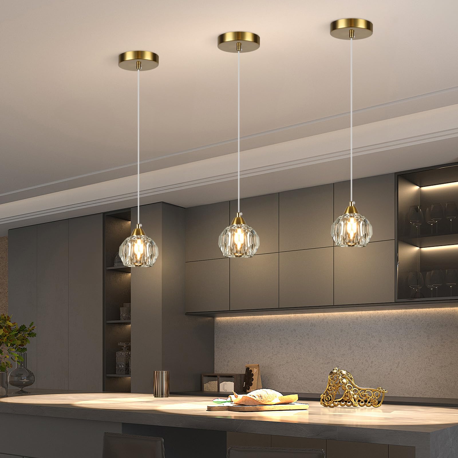 Weesalife Crystal Chandeliers, 3-Pack Brass Modern Pendant Light Fixture, A8817 for Dining Room, Kitchen Island, Bathroom, Bar