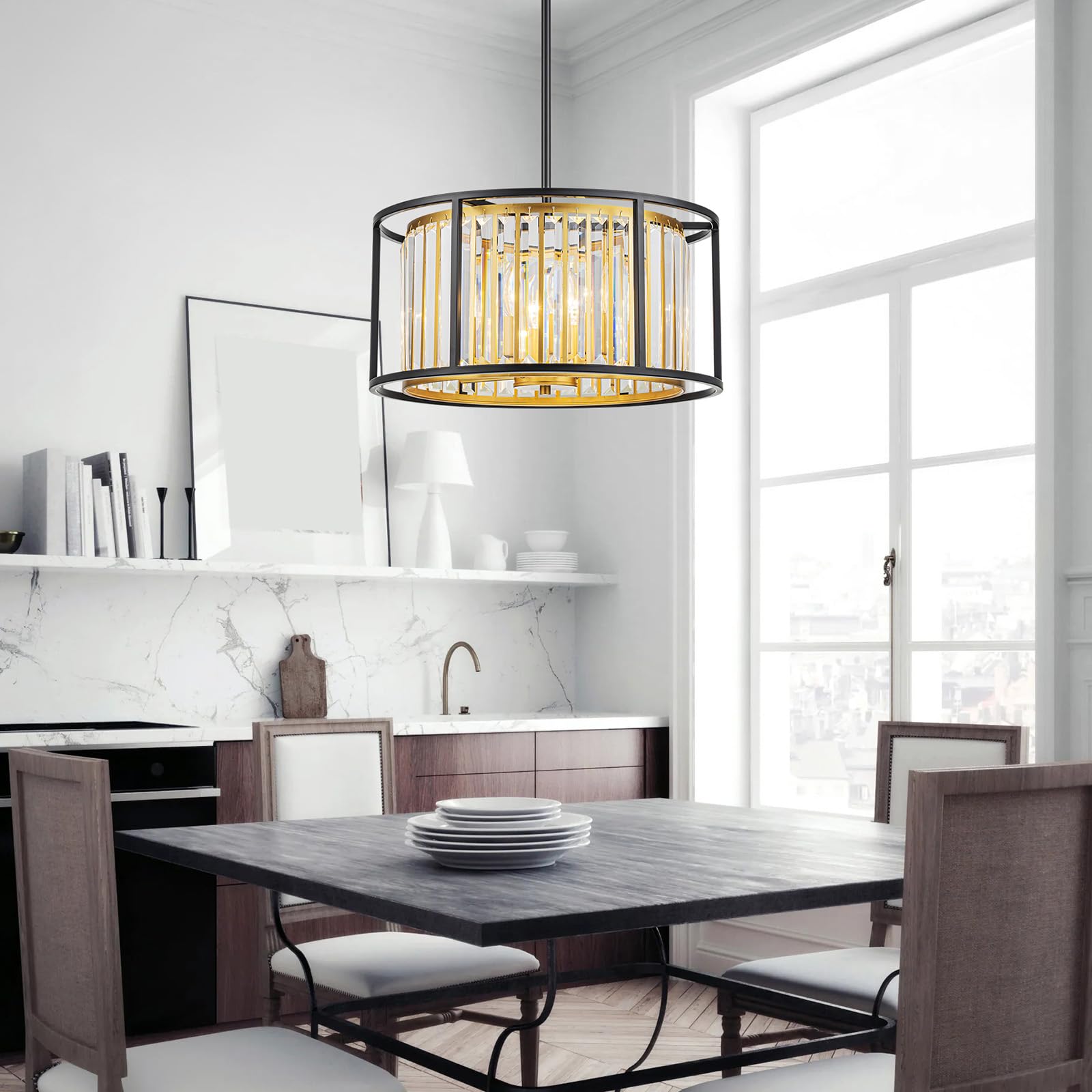 Lumfurn 5-Lights Crystal Drum Chandeliers, 2-Layer Modern Pendant Light Fixture For Dining Room, Living Room, Bedroom, Adjustabl