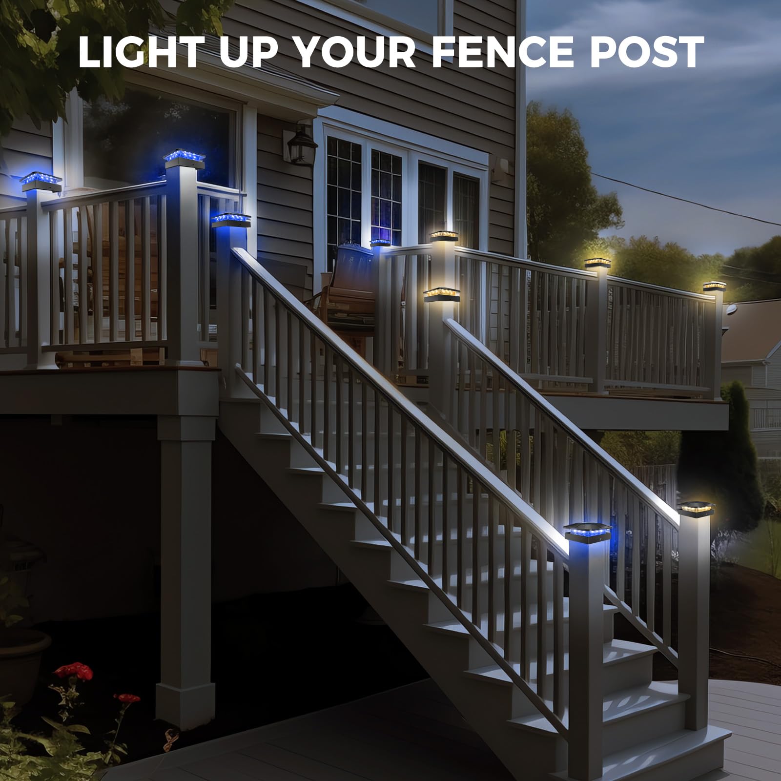 Peasur 4 Packs 4X4 Solar Post Lights Outdoor  Blue & Warm White Led Fence Caps Light Waterproof  Wood & Vinyl Post Top Lighting For Deck Mailbox Railing Porch Outside