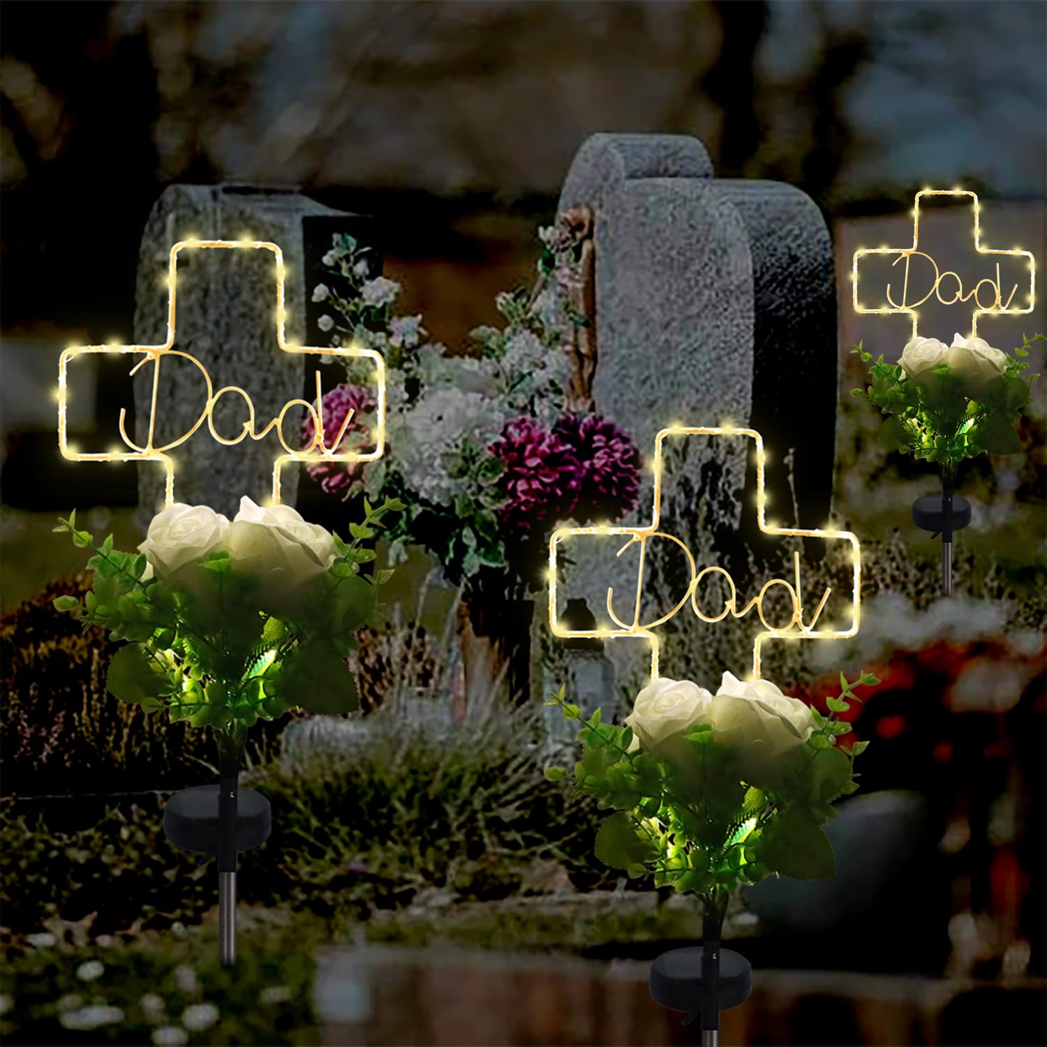 Lmtocs New Version Solar Cross Light For Cemetery Dad, 2 Modes With Rose Flower For Dad Grave Decorations, Waterproof Outdoor Li