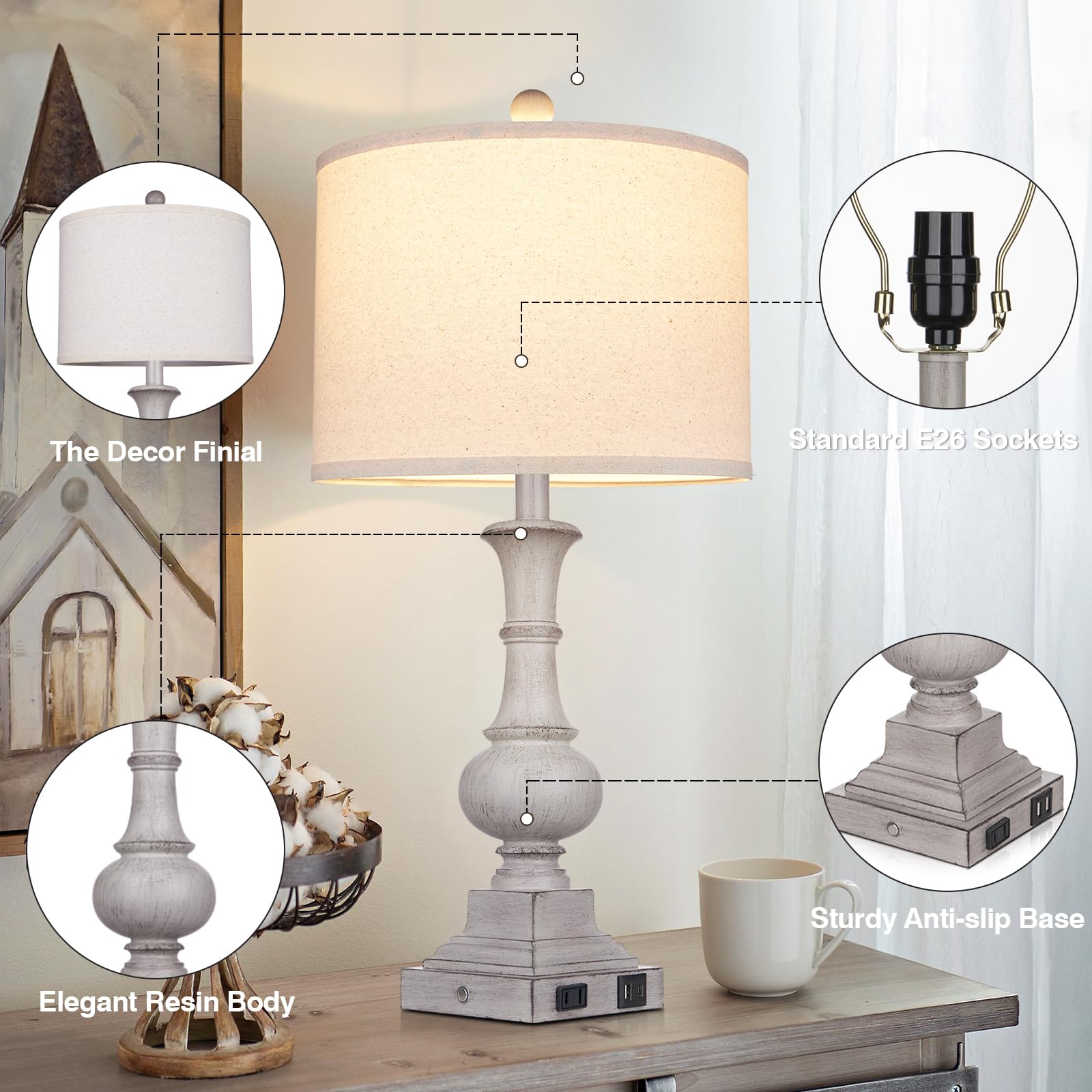 Farmhouse Lamps Set Of 2, 26'' Vintage Rustic Touch Control Bedside Lamp With Usb A+C Ports & Ac Outlet, 3-Way Dimmable Boho Nig