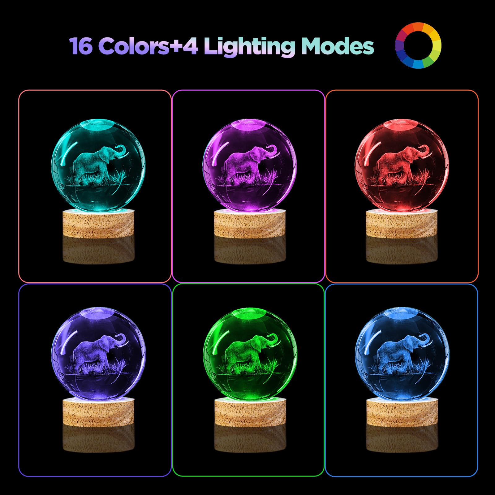 3D Elephant Crystal Ball Night Light With 16 Color Wooden Base, Upgraded 3.15 Inch Elephant Glass Ball Lamp With Remote For Birt