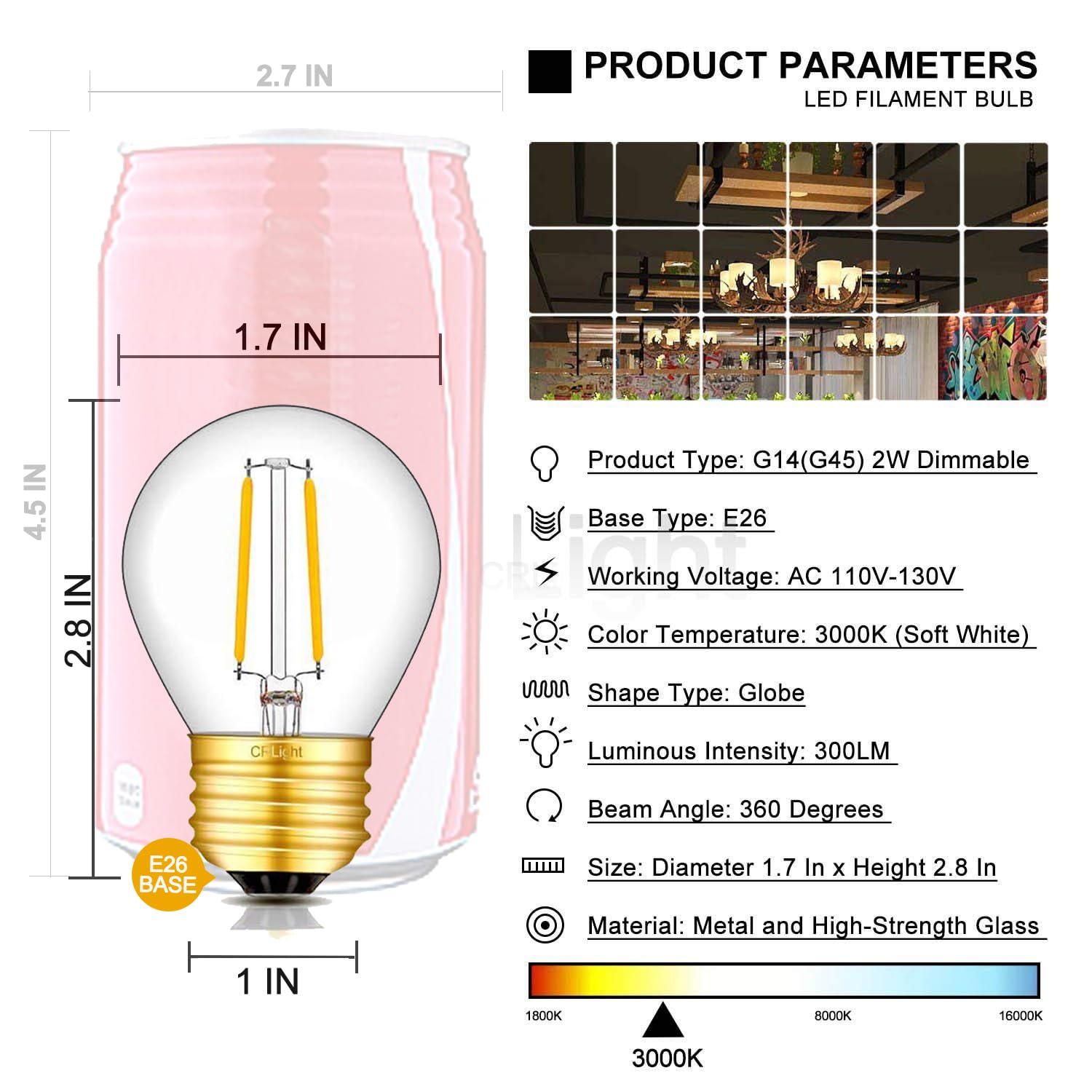 Crlight 2W Led Globe Bulb, 3000K Soft White, Dimmable, Vintage Edison, 8 Pack,