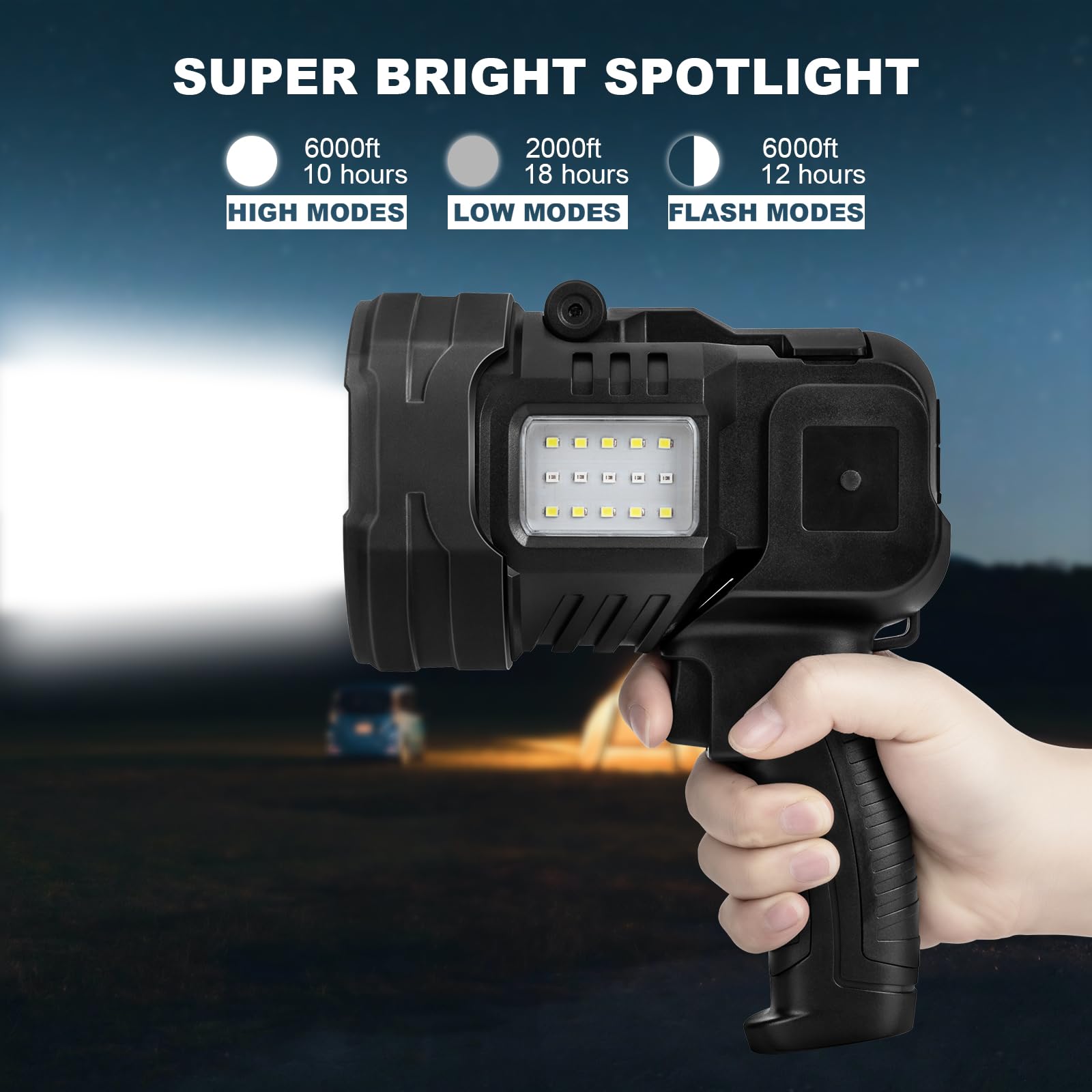 Lylting 1,000,000 Lumens Rechargeable Spotlight Flashlight, Lightweight Handheld LED, Black, Model W5119, Ideal for Hunting & Camping