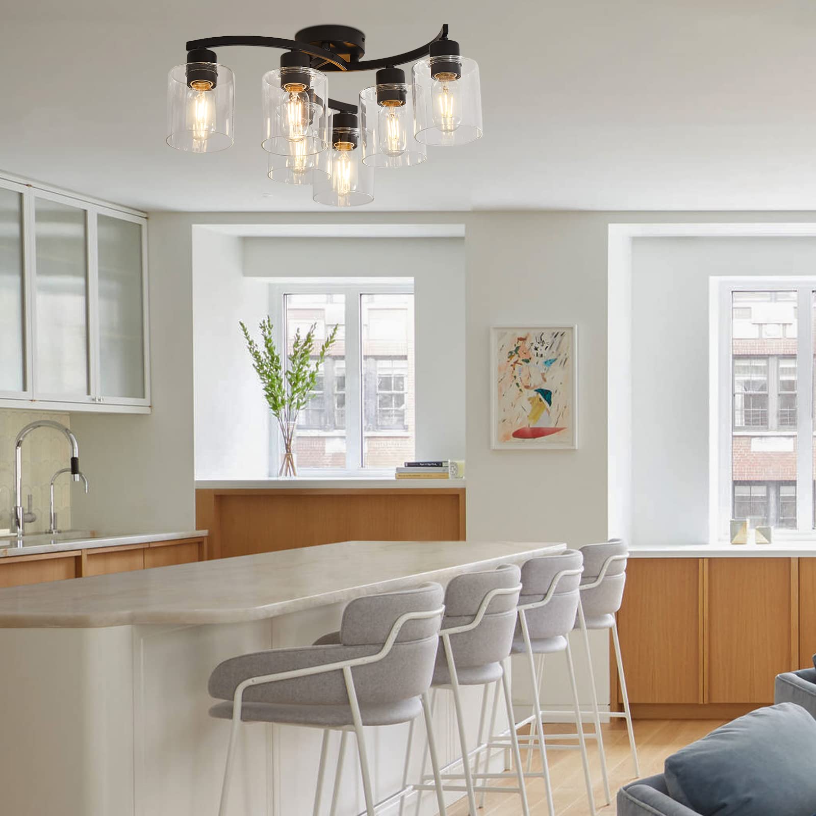 Eatich 6-Light Semi Flush Mount Ceiling Light, Matte Black Metal Fixture with Clear Glass Shades, Ideal for Kitchen and Dining Room