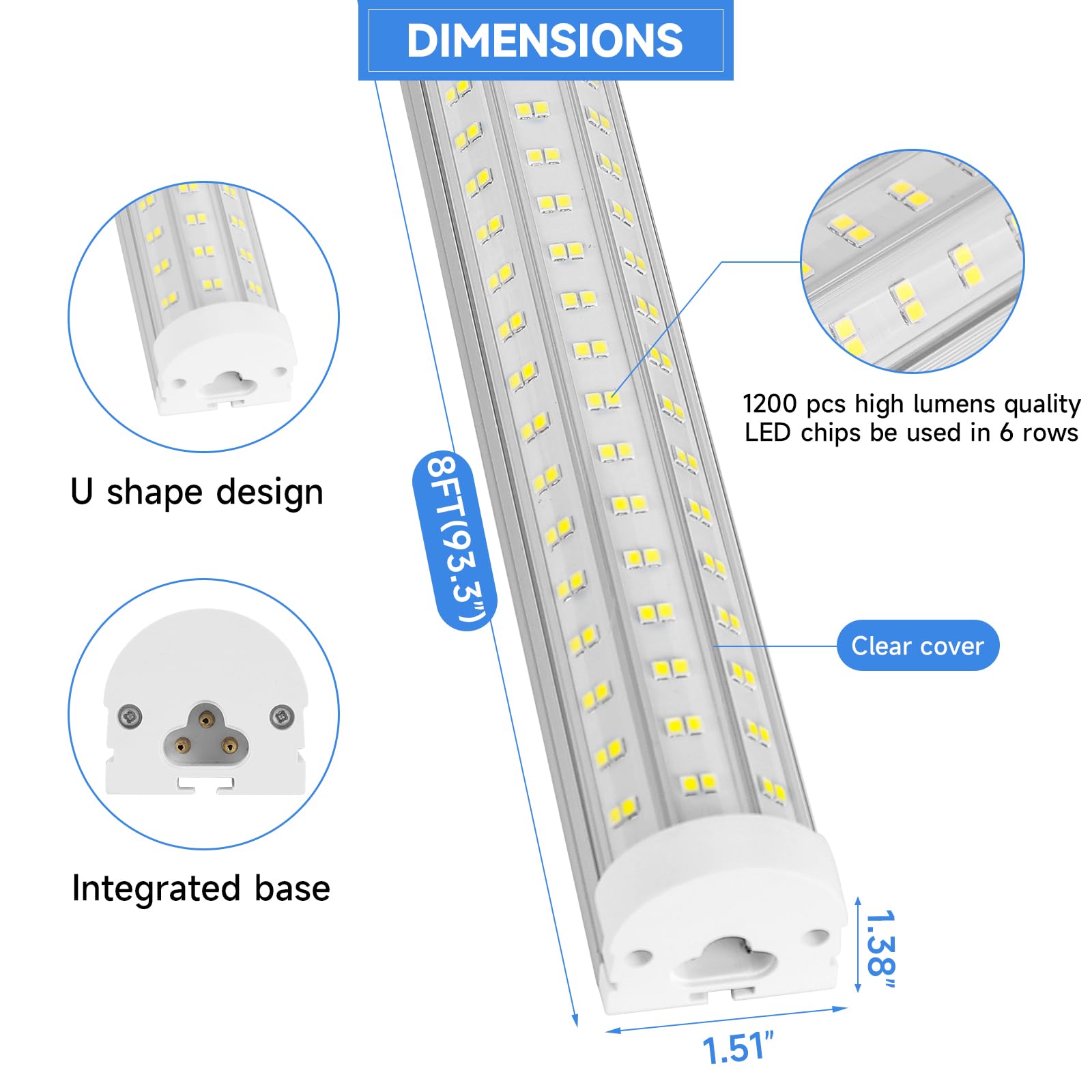 Phiwicsh 8Ft Led Shop Light, U Shape 125W Integrated Led Tube Light, 6500K Clear White, 20000Lm Super Bright Led Lighting, Flush