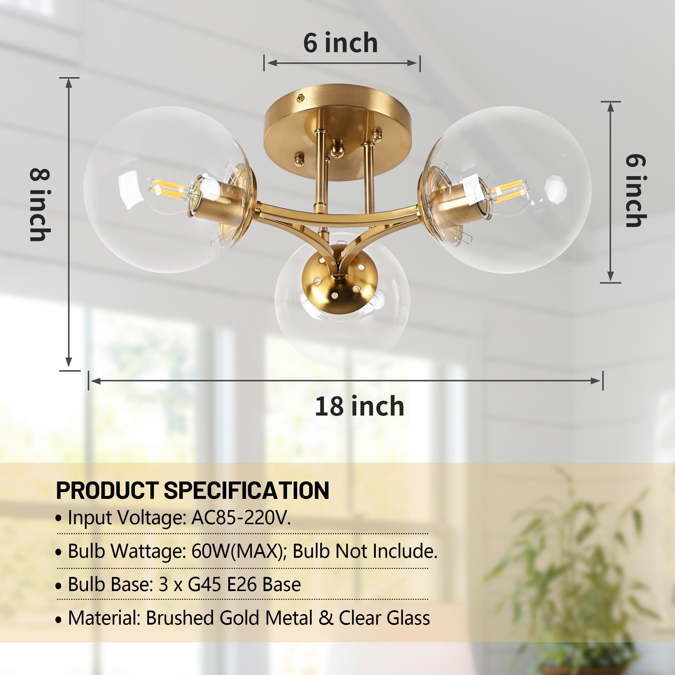 Bagood Mid Century Modern Ceiling Light Clear Globe Semi Flush Mount Ceiling Light Gold Sputnik Light Fixture Chandeliers Clear Glass Brushed Brass Chandeliers Living Room Dining Room Bedroom 3 Lights