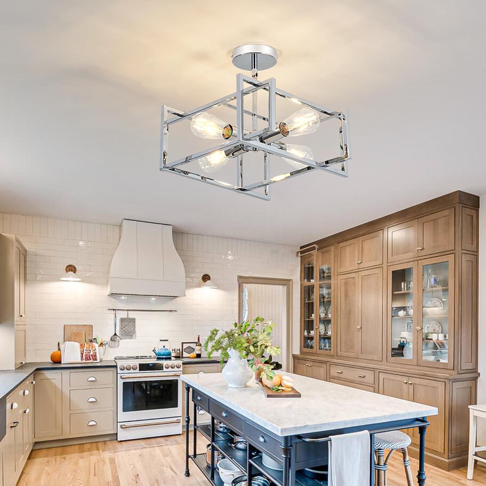 Zglaojt 4-Lights Ceiling Light Chrome Light Fixture Industrial Flush Mount Ceiling Light Farmhouse Chandelier Lighting For Kitch