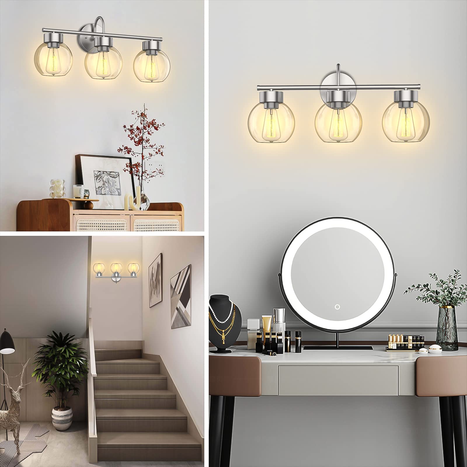 EAPUDUN 3 Light Bathroom Vanity Light, Brushed Nickel, Aluminum, Clear Glass Shade, Model WLA1435-BNK