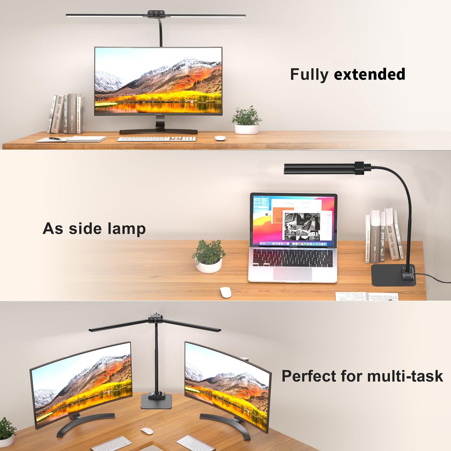 KableRika Desk Lamp Double Light - Dimmable LED Lighting for Home Office - Black - Model 670-Base-Black