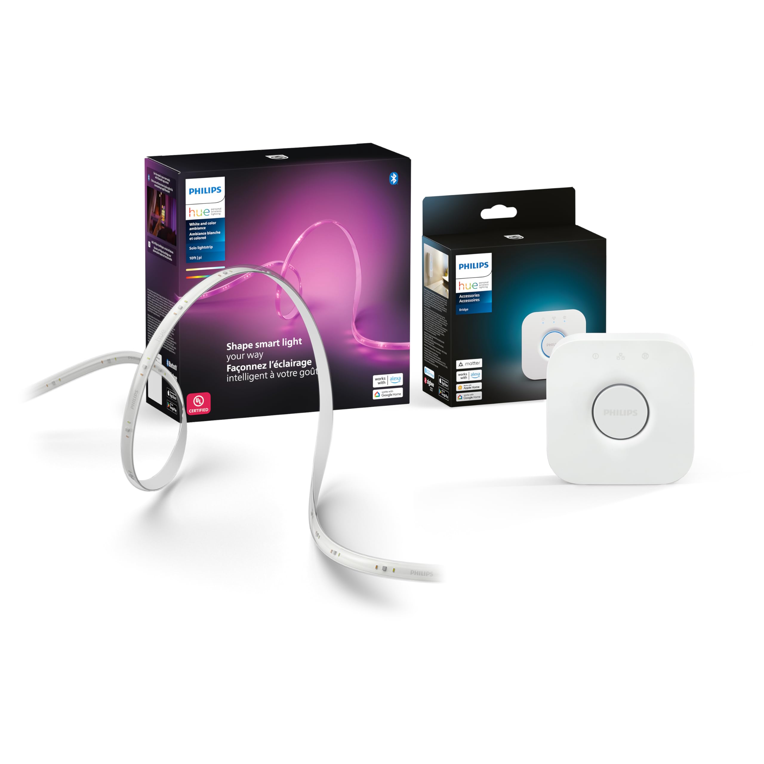 Philips Hue Indoor 10 Ft Smart Led Solo Lightstrip Base Kit Bundle With Bridge - Control With Hue App, Compatible With Alexa, Go