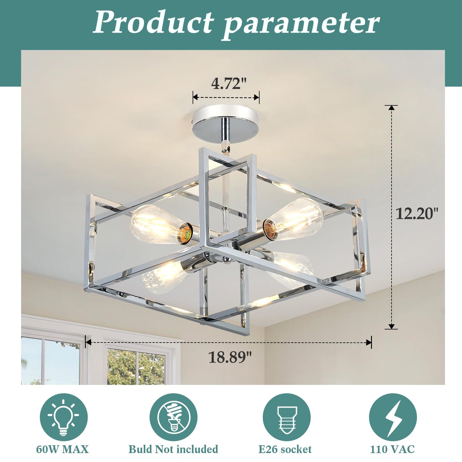 Zglaojt 4-Lights Ceiling Light Chrome Light Fixture Industrial Flush Mount Ceiling Light Farmhouse Chandelier Lighting For Kitch