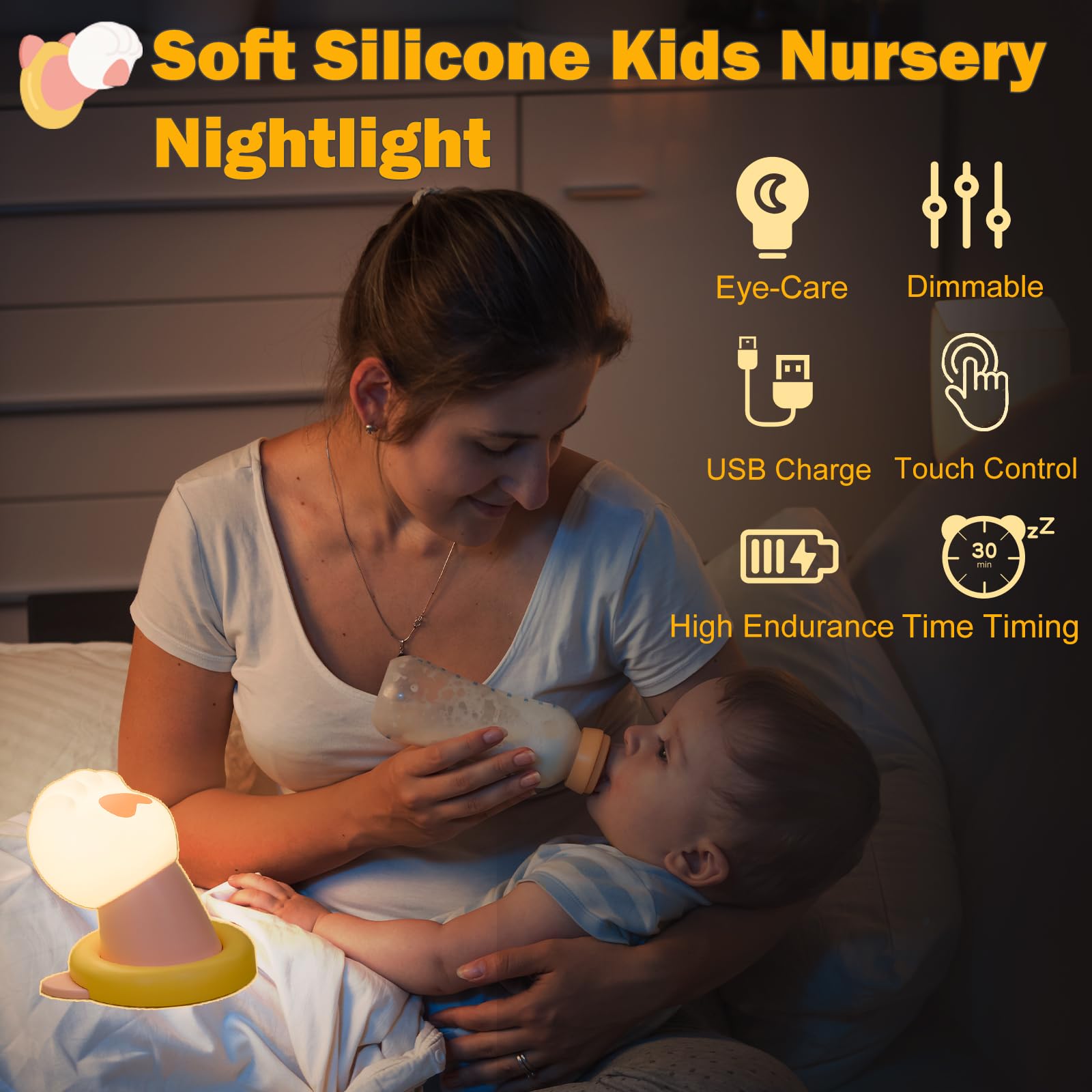 iLAFFUS Night Light for Kids Lamp, Cute Cat Lamp,3 Level Dimmable Baby Night Lights for Nursery,Silicone Rechargeable Nightlight