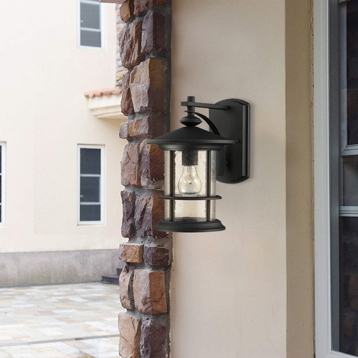 Micsiu Black Outdoor Wall Sconce 2 Pack, Waterproof Metal Fixtures With Clear Seedy Glass, 10 Height For Porch, Patio, Backyard