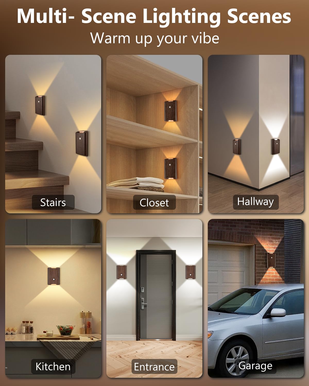 WERFOP Rechargeable Motion Sensor Wall Sconce Set of 2 - 5000mAh Wireless Light, Walnut, Indoor Use, Remote Control, Model WF-WALL-Wu