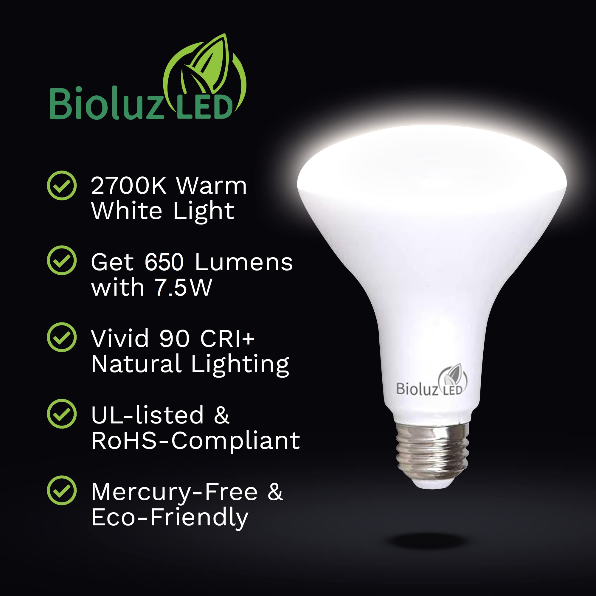 Bioluz Led 20 Pack Br30 Led Bulbs, Indoor Flood Lights 90+ Cri 65W Equivalent Uses 7.5W 2700K Warm White 650 Lumens, E26 Base Di