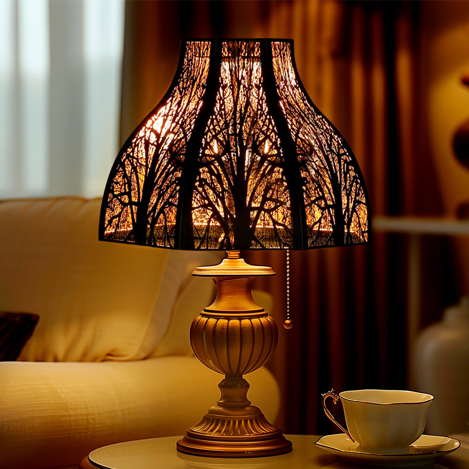 ALUCSET Etched Forest Metal Lampshade 8-Petal Lotus Shape 5.32 x 13 x 9.5 Inch Black/Gold Model LLA-S2353