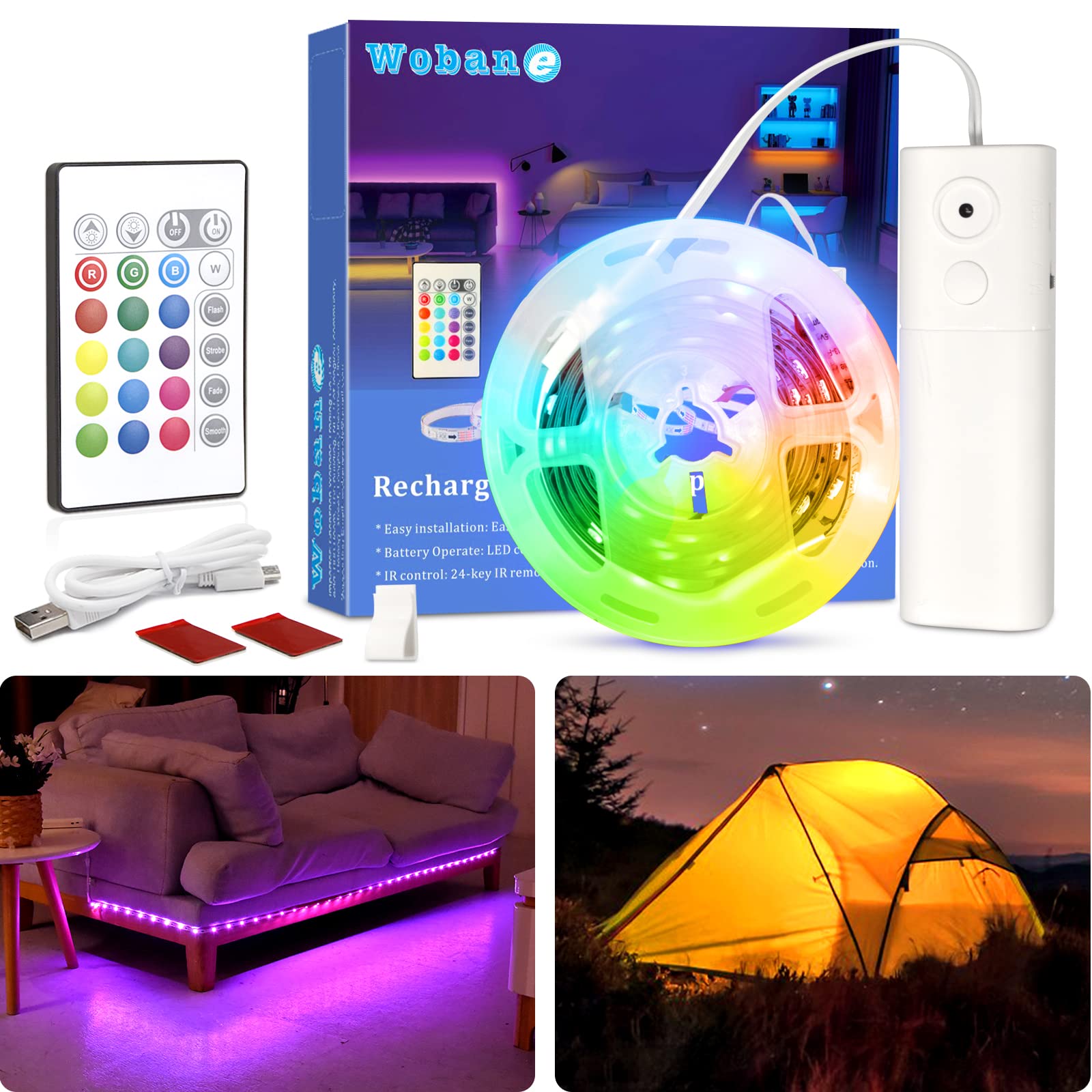 WOBANE Rechargeable LED Strip Light, 6.56ft RGB Color Changing Rope Light, Remote Control, Multicolor, Model CL13-RGB