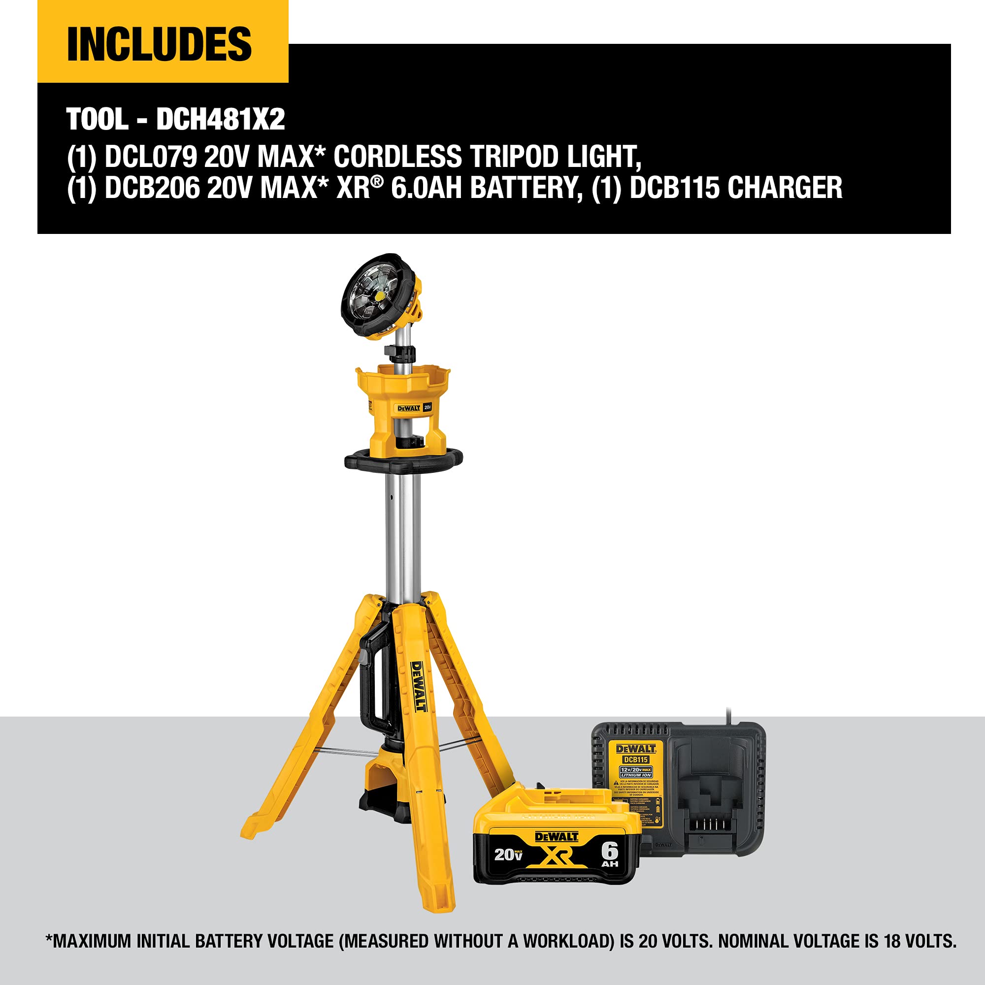 DEWALT 20V MAX Cordless LED Work Light with Tripod, Battery & Charger, Model DCL079R1, Multicolor, One Size