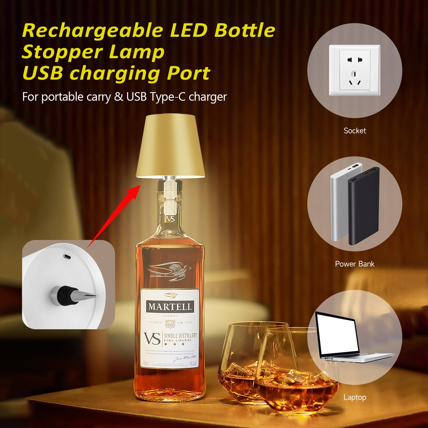 Hoide Wireless Bottle Lamp - LED Touch-Dimmable Night Light Kit, 5.7in, Golden, Plastic