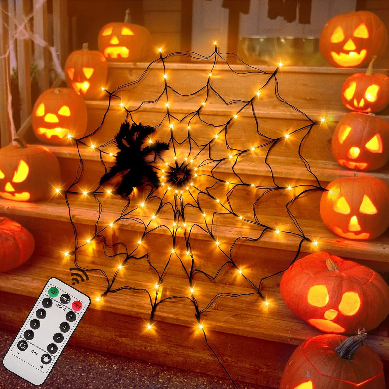 LCHUANG Halloween Spider Web Lights - 4FT Diameter, 70 LEDs, Waterproof, Remote Control, 8 Modes, Orange